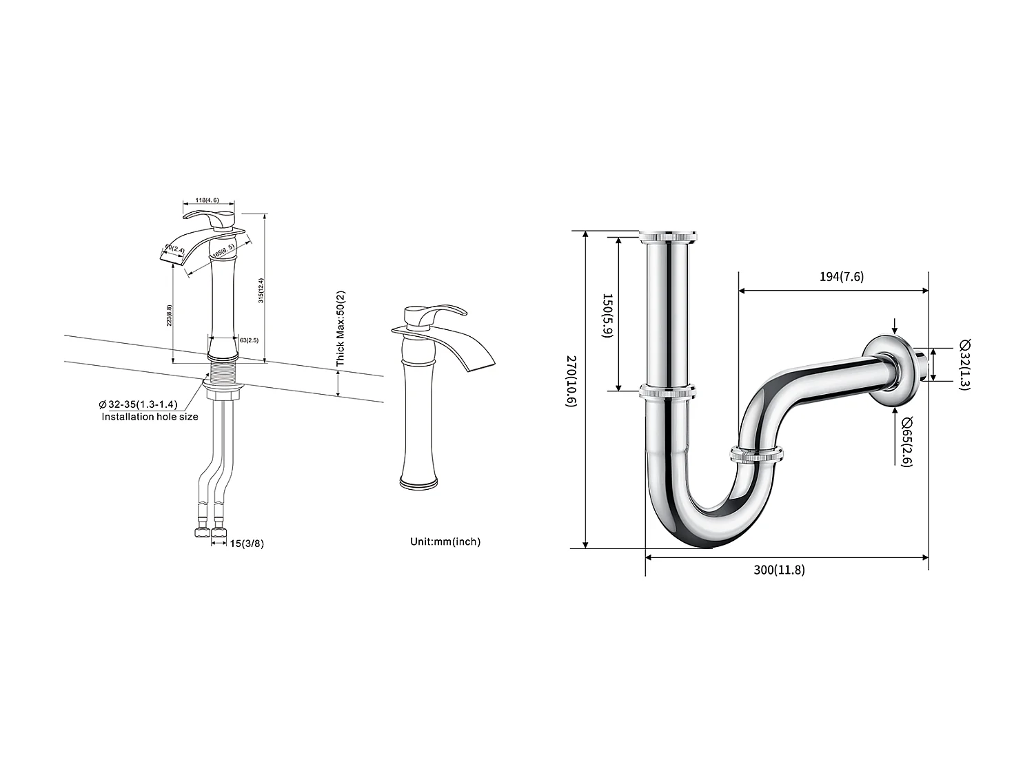 Wastafelmengkraan Waterval Wastafelkraan/Wastafel Hoge Uitloop Moocommand,Chroom+SIphon Wastafel U-vorm Sifonbuis Anti-geur, Ø32 mm, Chroom