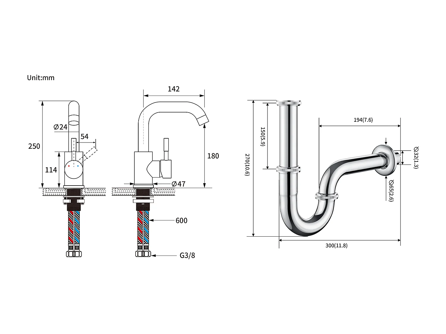 Mezclador Lavabo,RoBinet LavaboPivotante 360°,con Aireador Demotable+Sifón Lavabo Forma U Tubo de Sifón de Inox Anti-olores,Ø32 mm,Cromado