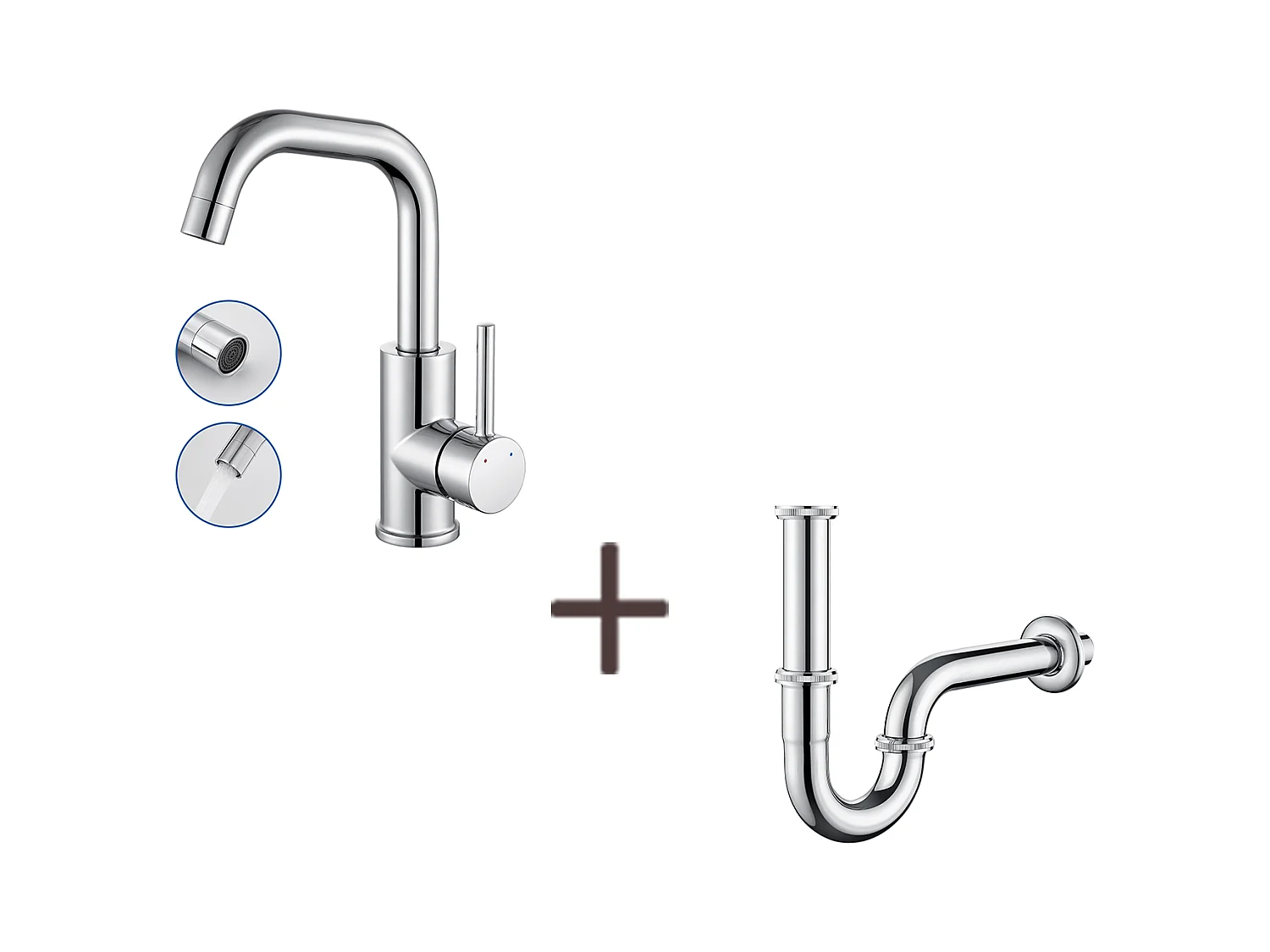 Wastafelmengkraan,Wastafelkraan 360° draaibaar,met beluchterDemonteerbaar+Sifon Wastafel U-vorm Anti-geur RVS Sifonbuis, Ø32 mm, Chroom