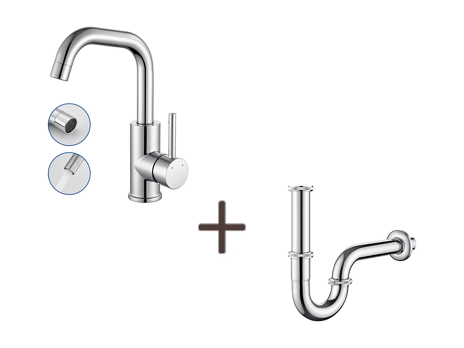 Mitigeur Lavabo,Robinet LavaboPivotant 360°,avec Aérateur Démotable+Siphon Lavabo Forme U Tube de Siphon en Inox Anti-odeurs,Ø32 mm,Chromé