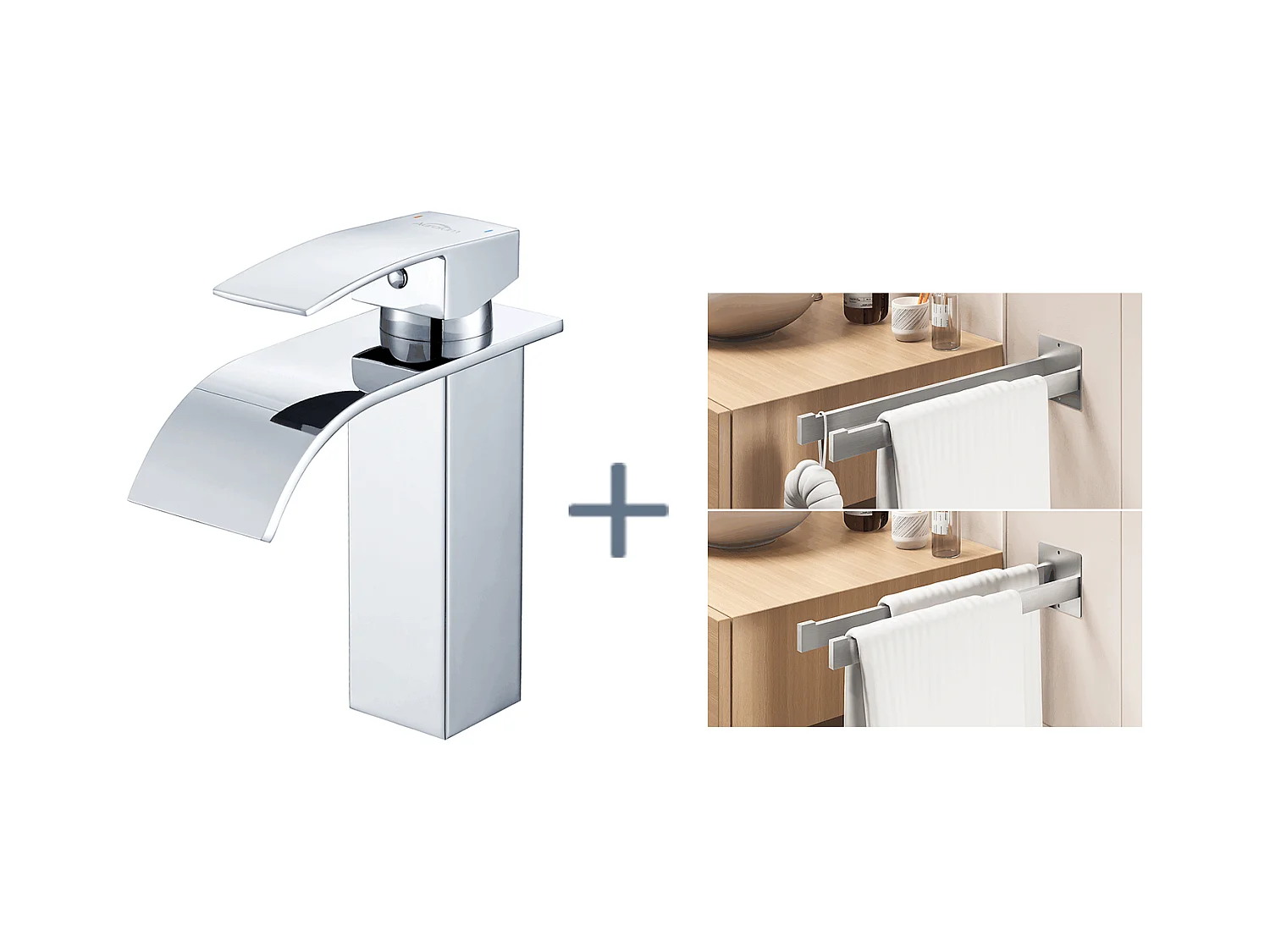Robinet Lavabo Cascade Chromé,avec l'Eau Froide/Chaude,en Inox 304+Porte Serviette Salle Bain Adhésif/Perçage,Barres Porte Serviettes Mural,Brossé