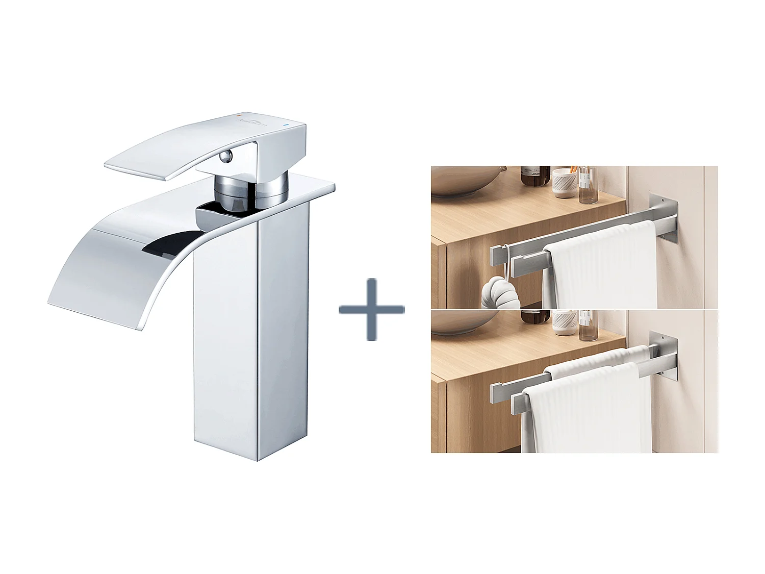 Robinet Lavabo Cascade Chromé,avec l'Eau Froide/Chaude,en Inox 304+Porte Serviette Salle Bain Adhésif/Perçage,Barres Porte Serviettes Mural,Brossé