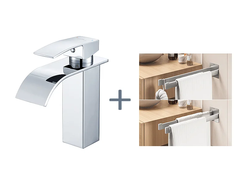 Robinet Lavabo Cascade Chromé,avec l'Eau Froide/Chaude,en Inox 304+Porte Serviette Salle Bain Adhésif/Perçage,Barres Porte Serviettes Mural,Brossé