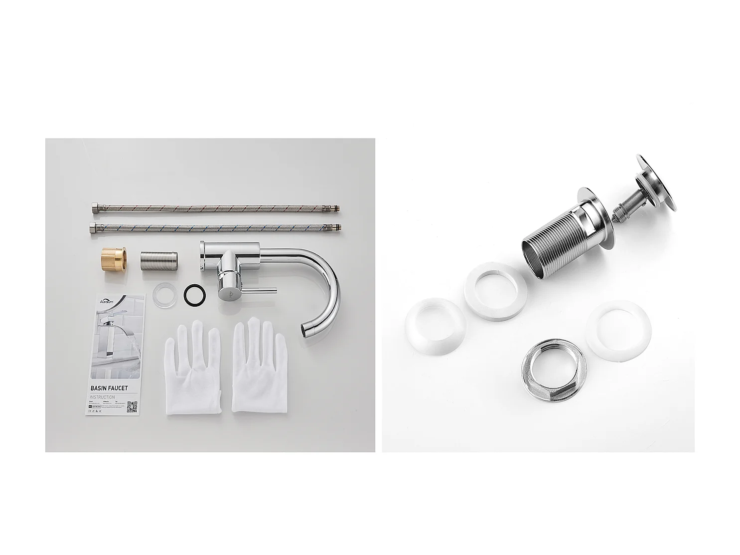 AuraLum Max Grifo para lavabo baño,caño alto,cromado brillante, giratorio 360°+desagüe emergente para lavabo con desbordamiento automático universal