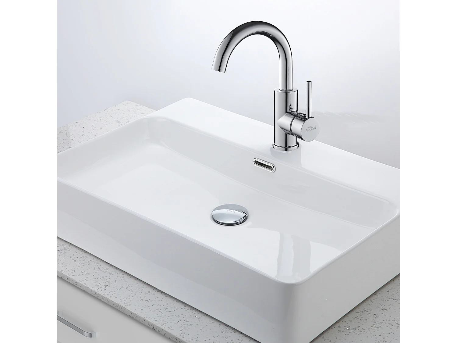 AuraLum Max Robinet Lavabo Salle de Bain Bec Haut  Chromé Brillant Rotatif 360°+Bonde de Lavabo Bonde Pop-up avec Trop-plein Automatique Universelle