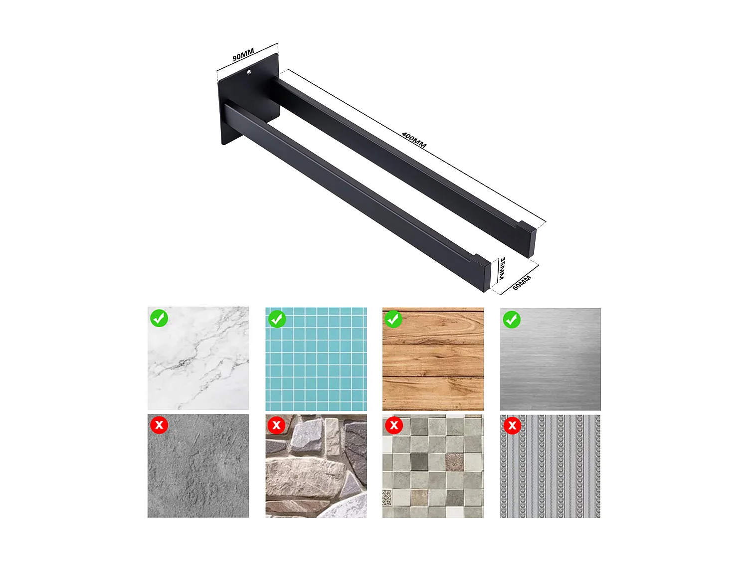 Auralum max MitigeUr Wastafel Waterval Monocommand Kraan voor Wastafel/Wastafel+Handdoekhouder Badkamer Zelfklevend/Boren,RVS,Zwart,40 CM