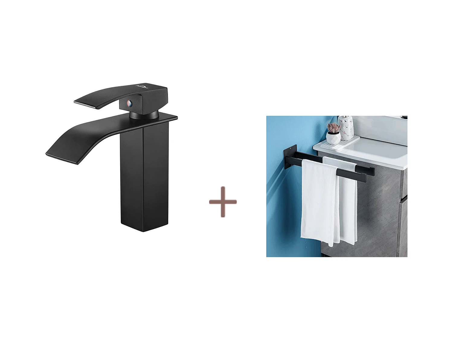 Auralum max MitigeUr Wastafel Waterval Monocommand Kraan voor Wastafel/Wastafel+Handdoekhouder Badkamer Zelfklevend/Boren,RVS,Zwart,40 CM