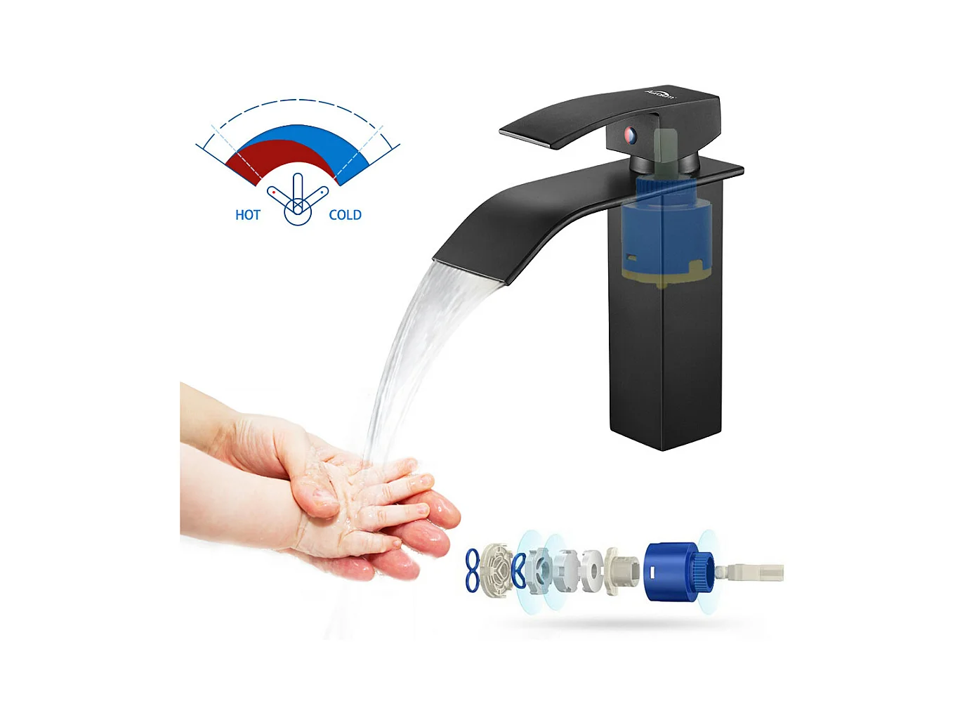 Auralum max Einhebel-Waschtischarmatur mit Wasserfall-Design für Spüle/Waschbecken + Handtuchhalter zum Kleben/Bohren, Edelstahl, Schwarz, 40 cm
