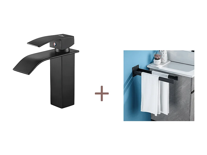 Auralum max Mitigeur Lavabo Cascade Monocommand Robinet pour Lavabo/Vasque+Porte Serviette Salle de Bain Adhésif/Perçage,en Inox,Noir,40 CM