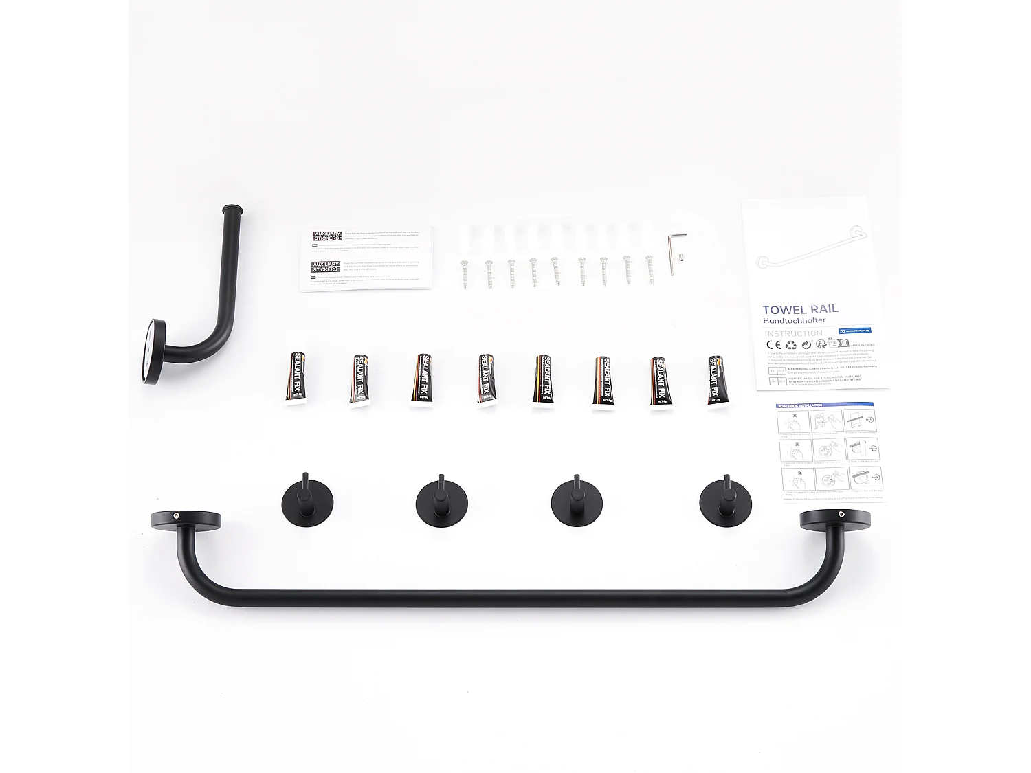 Auralum max WasmengkraanO Waterval Wastafel/Wastafel Kraan+Set Badkamer Accessoire 6 Stuks,Zelfklevend/boren,Rvs,Zwart