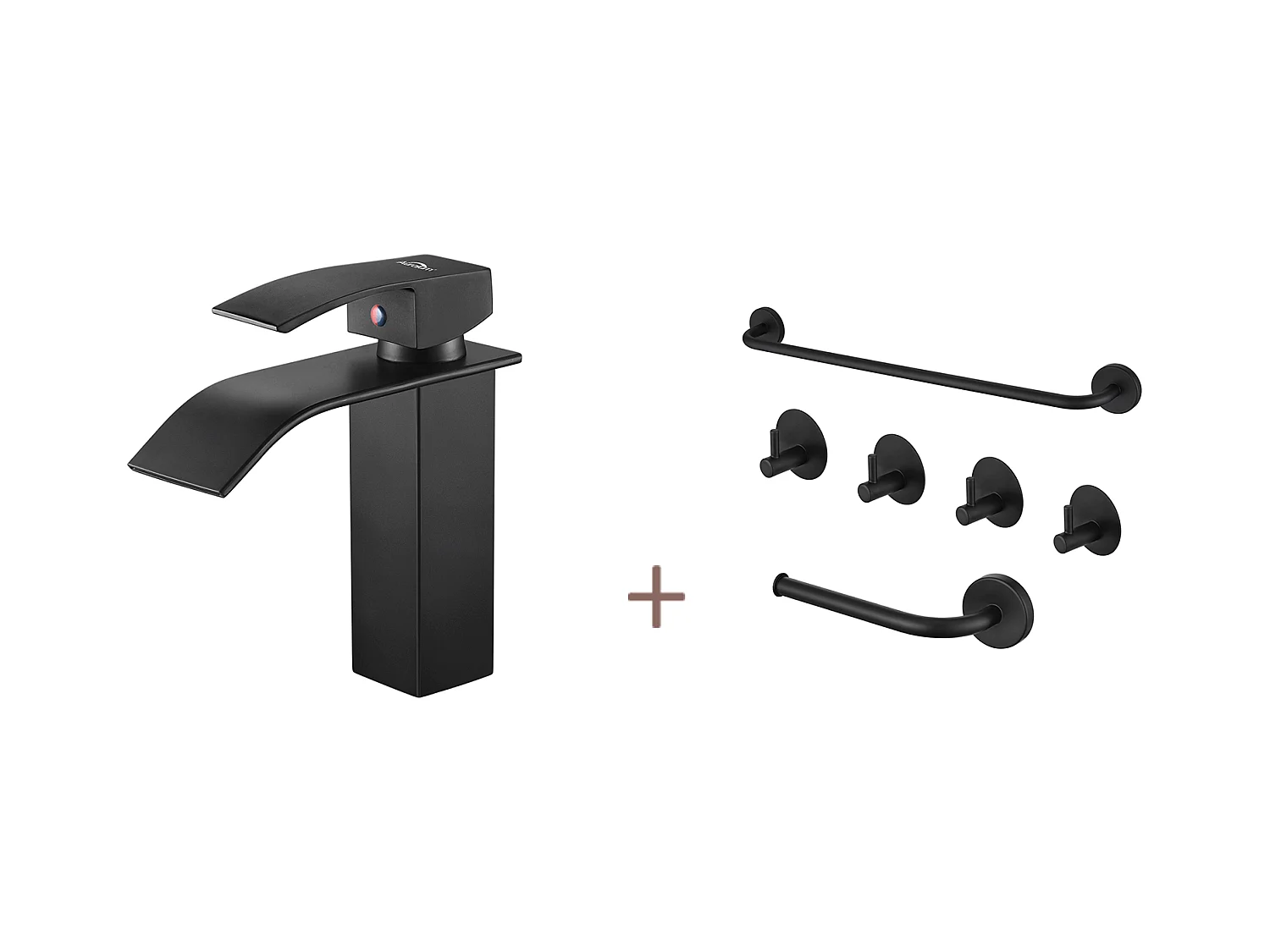 Auralum max Mitigeur Lavabo Cascade Robinet pour Lavabo/Vasque+Ensemble Salle Bain Accessoire 6 Pièces,Auto-adhésif/percer,Inox,Noir
