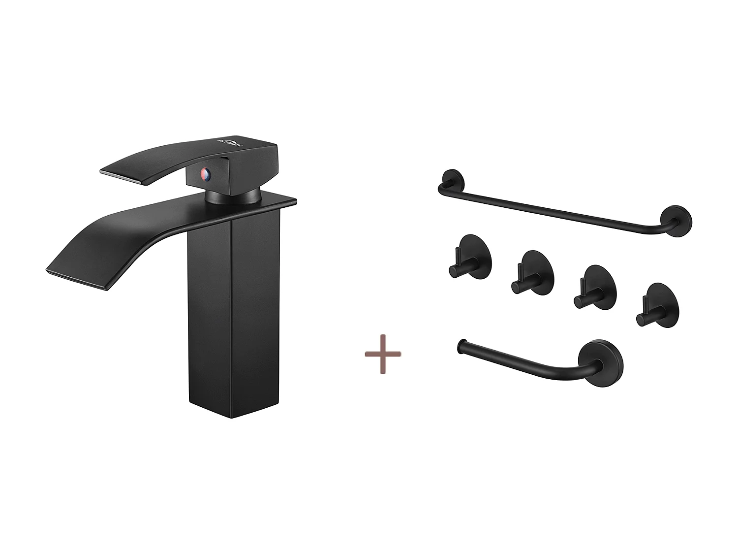 Auralum max WasmengkraanO Waterval Wastafel/Wastafel Kraan+Set Badkamer Accessoire 6 Stuks,Zelfklevend/boren,Rvs,Zwart