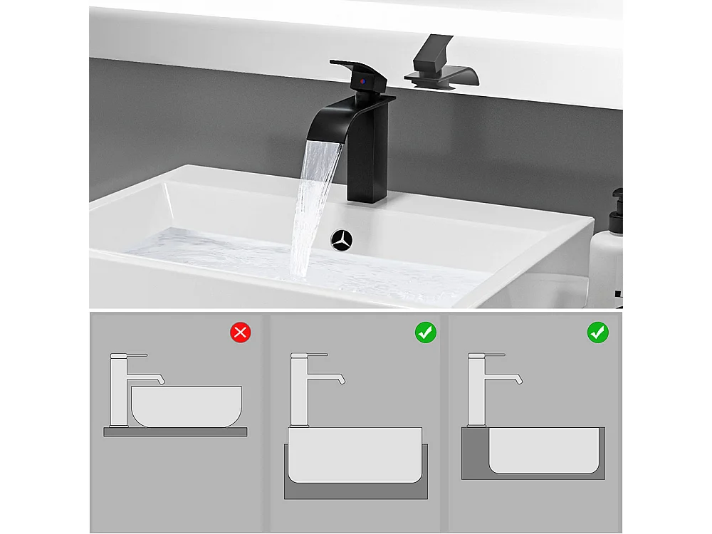 Auralum max WasmengkraanO Waterval Wastafel/Wastafel Kraan+Set Badkamer Accessoire 6 Stuks,Zelfklevend/boren,Rvs,Zwart