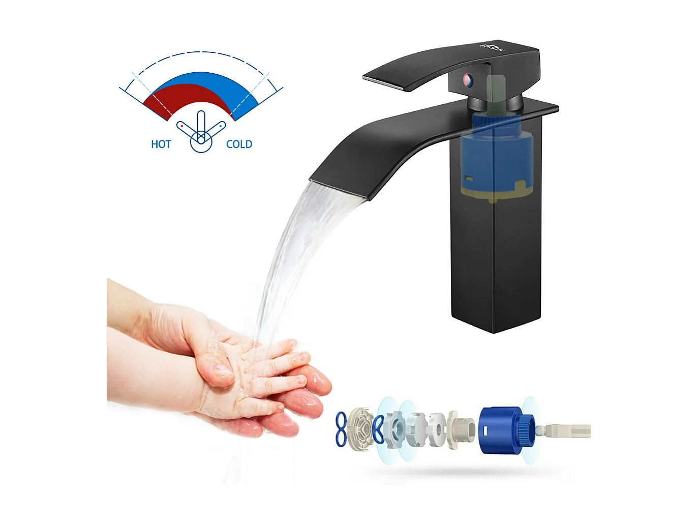 Auralum max WasmengkraanO Waterval Wastafel/Wastafel Kraan+Set Badkamer Accessoire 6 Stuks,Zelfklevend/boren,Rvs,Zwart