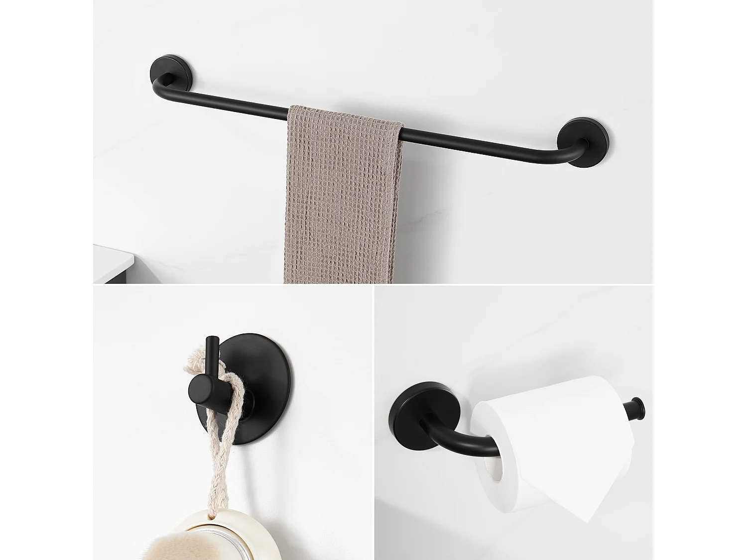 Auralum max WasmengkraanO Waterval Wastafel/Wastafel Kraan+Set Badkamer Accessoire 6 Stuks,Zelfklevend/boren,Rvs,Zwart