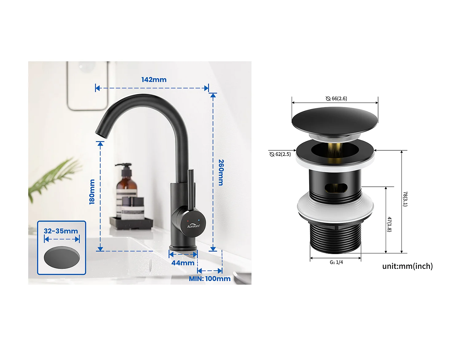 Mischbatterie für Spülbecken, 360° drehbarer schwarzer Badhahn, abnehmbarer Luftsprudler + Pop-up-Ablauf für Spülbecken mit universellem automatischem Überlauf