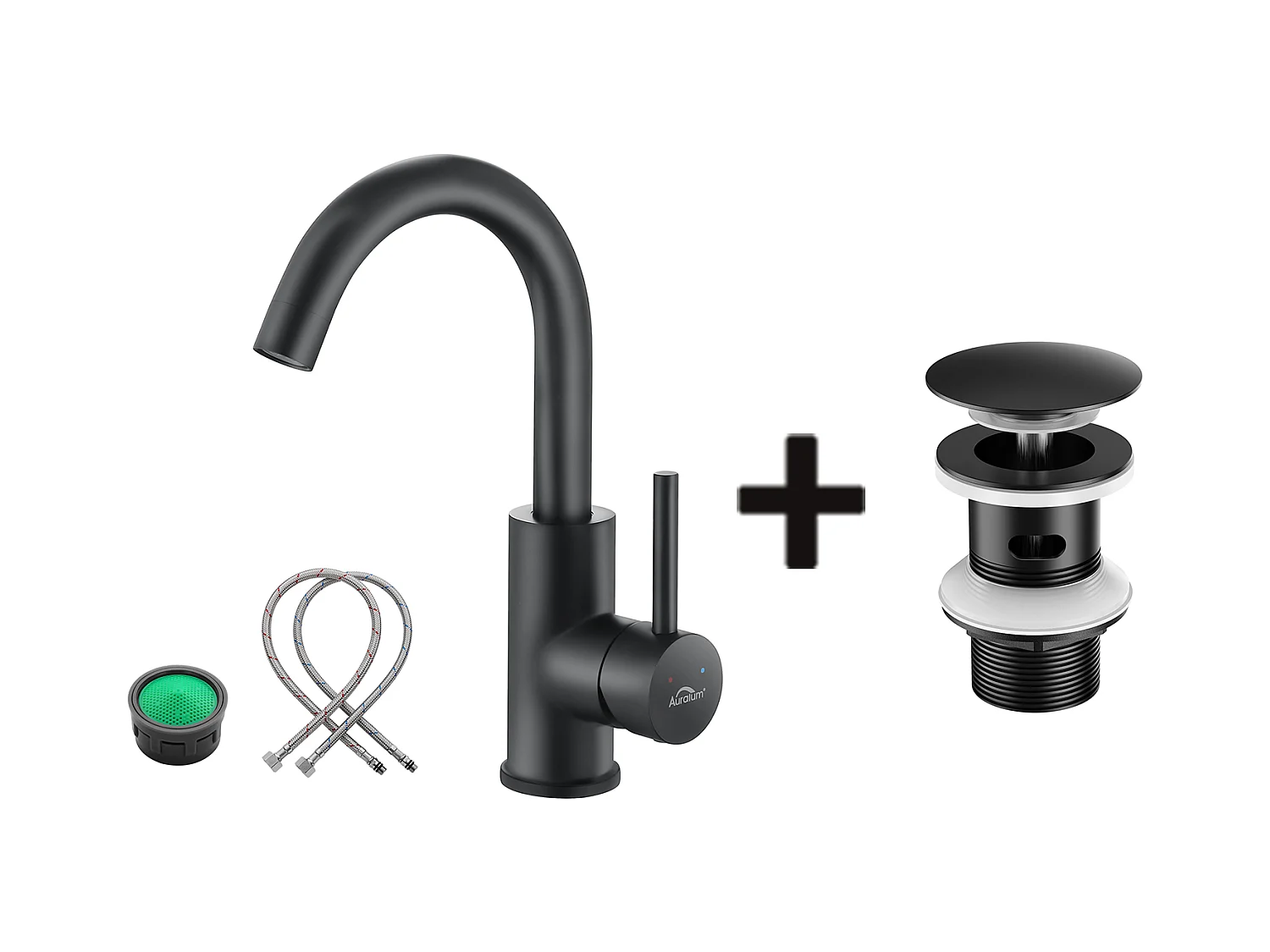Mitigeur Lavabo,Robinet Salle Bain Noir Rotatif 360°,Aérateur Démotable+Bonde Lavabo Bonde Pop-up avec Trop-plein Automatique Universelle