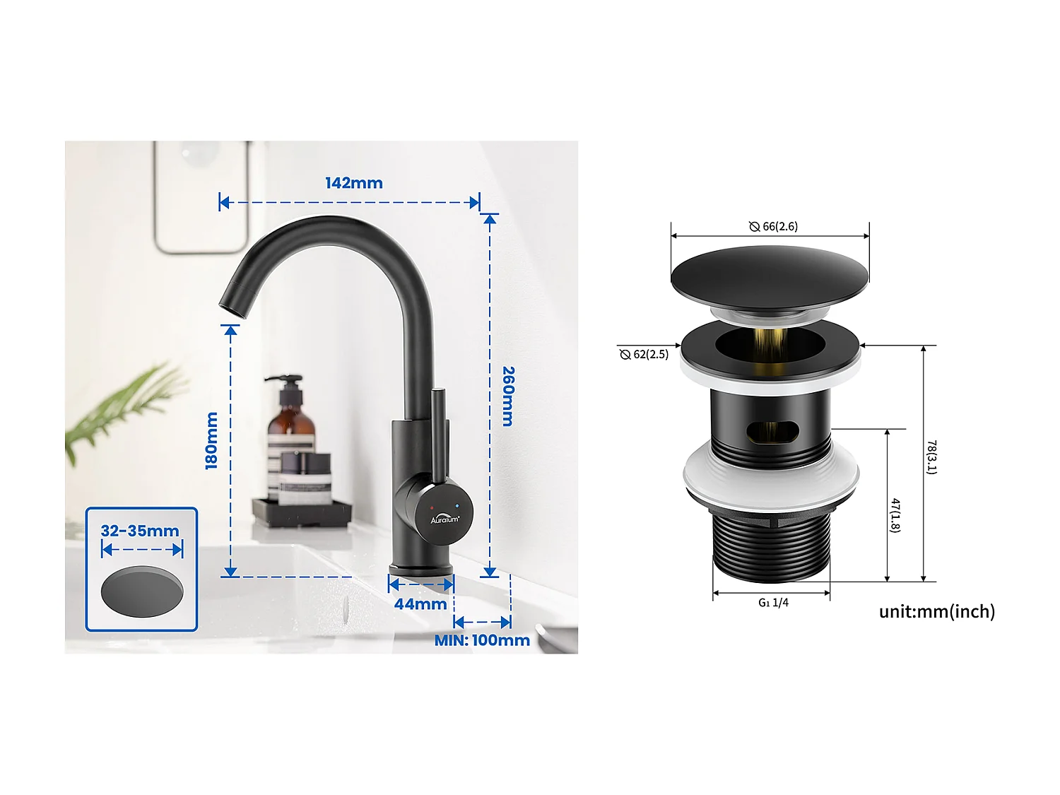Mischbatterie für Spülbecken, 360° drehbarer schwarzer Badhahn, abnehmbarer Luftsprudler + Pop-up-Ablauf für Spülbecken mit universellem automatischem Überlauf