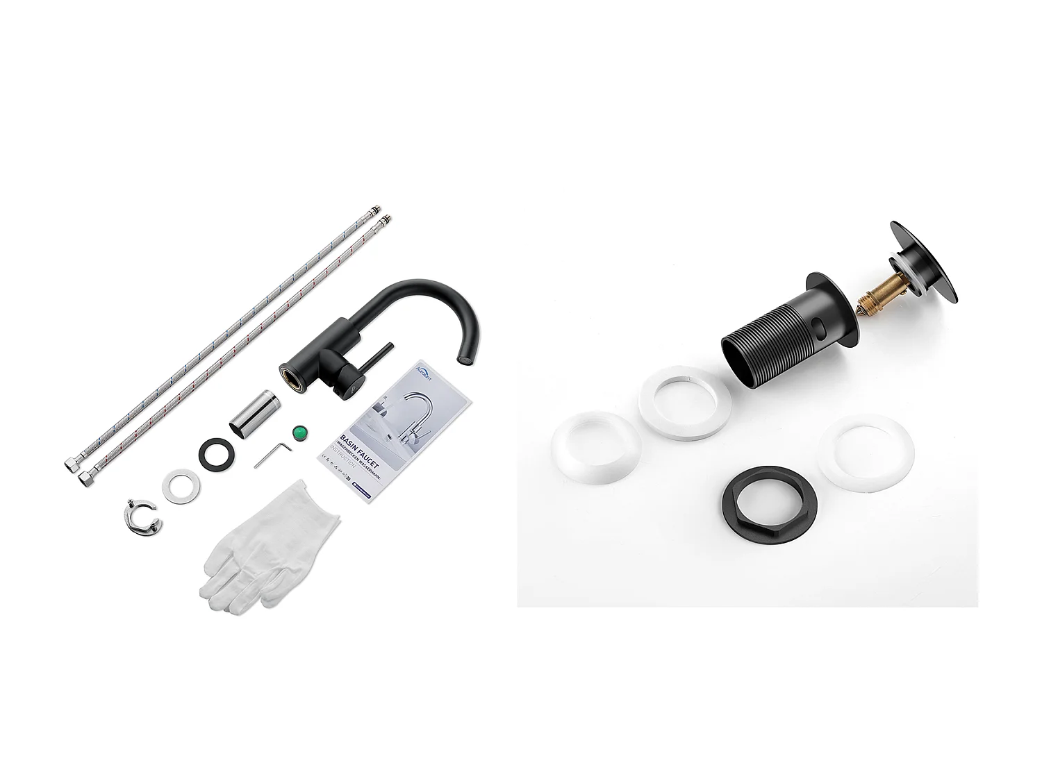 Mischbatterie für Spülbecken, 360° drehbarer schwarzer Badhahn, abnehmbarer Luftsprudler + Pop-up-Ablauf für Spülbecken mit universellem automatischem Überlauf