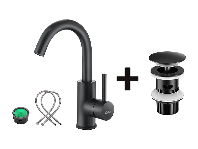 Mitigeur Lavabo,Robinet Salle Bain Noir Rotatif 360°,Aérateur Démotable+Bonde Lavabo Bonde Pop-up avec Trop-plein Automatique Universelle