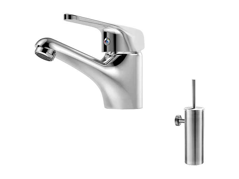 Auralum MAX Mitigeur de Lavabo sans Tirette de Vidage,Robinet Salle de Bain Chromé+Porte Brosse Toilette Acier Inoxydable Brosse WC Mural