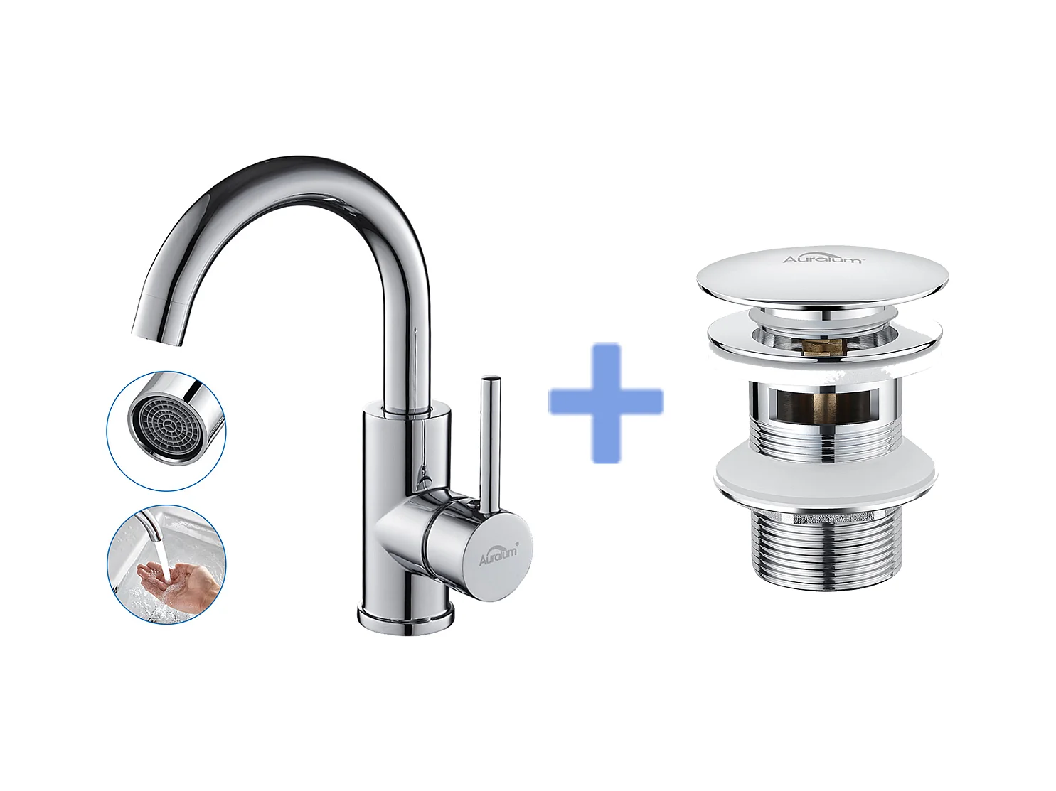 AURALUM MAX Robinet Lavabo Salle de Bain Bec Haut  Chromé Brillant Rotatif 360°+Bonde de Lavabo Bonde Pop-up avec Trop-plein Automatique Universelle