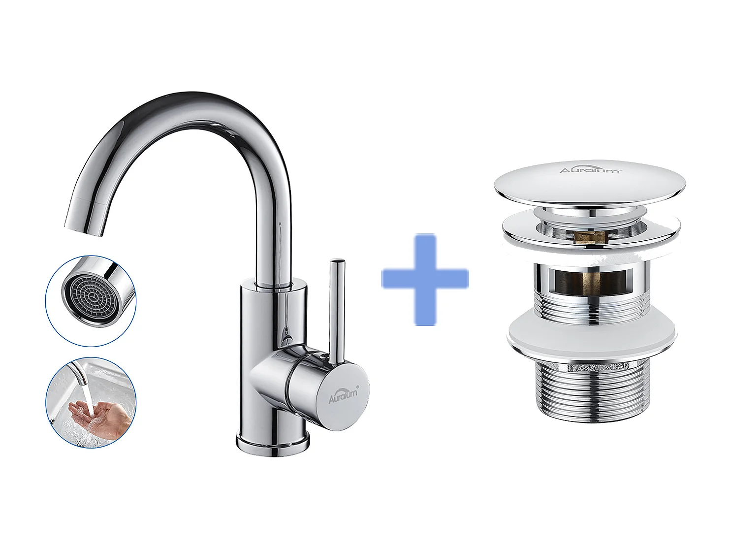 AURALUM MAX Grifo Lavabo Baño Boque Alto Cromado Brillante Rotativo 360°+Bonde de Lavabo Bonde Pop-up con desbordamiento Automático Universal