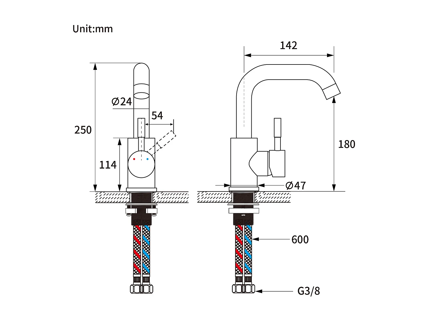 AuraLum Max Zwarte wastafelkraan met afkeerbare romper, 360° rotatie, messing badkamermengkraan, 250 mm hoog, EU-model