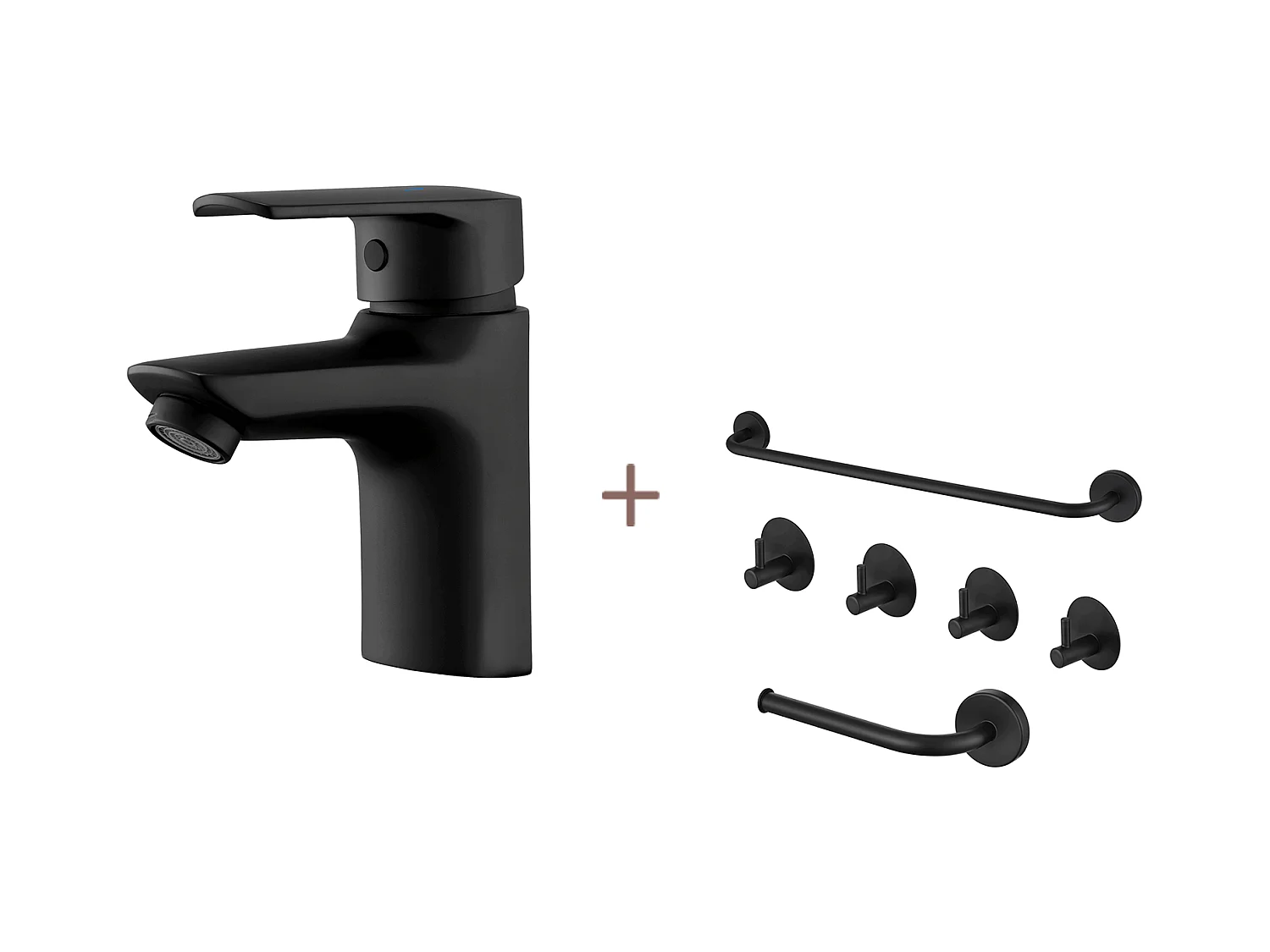 Eengats wastafelmengkraan met trekkergatAfvoer, Badkamerkraan Zwart+6-Delige Badkamerset Accessoire,Zelfklevend/boren,Rvs
