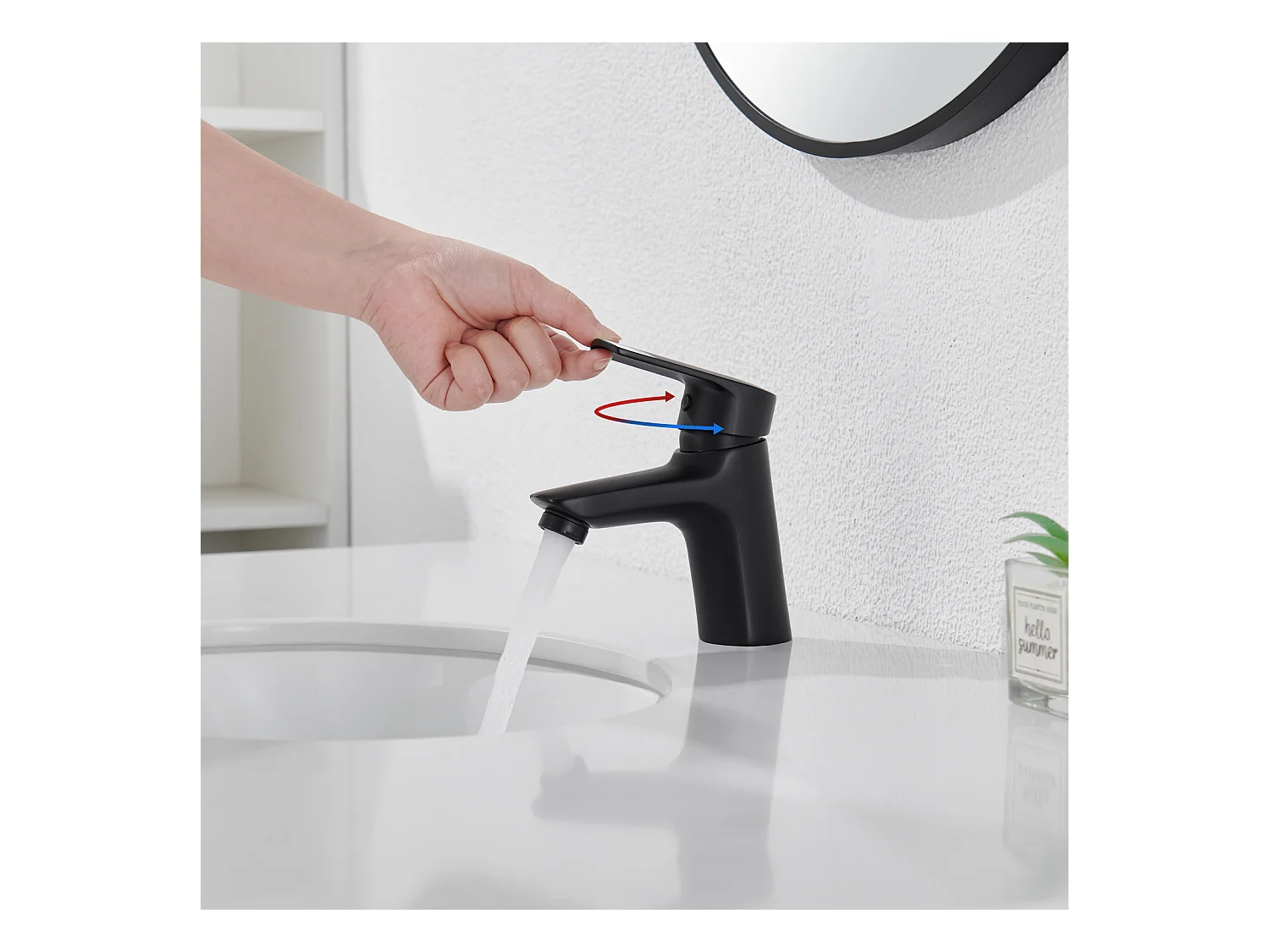 Eengats wastafelmengkraan met trekkergatAfvoer, Badkamerkraan Zwart+6-Delige Badkamerset Accessoire,Zelfklevend/boren,Rvs