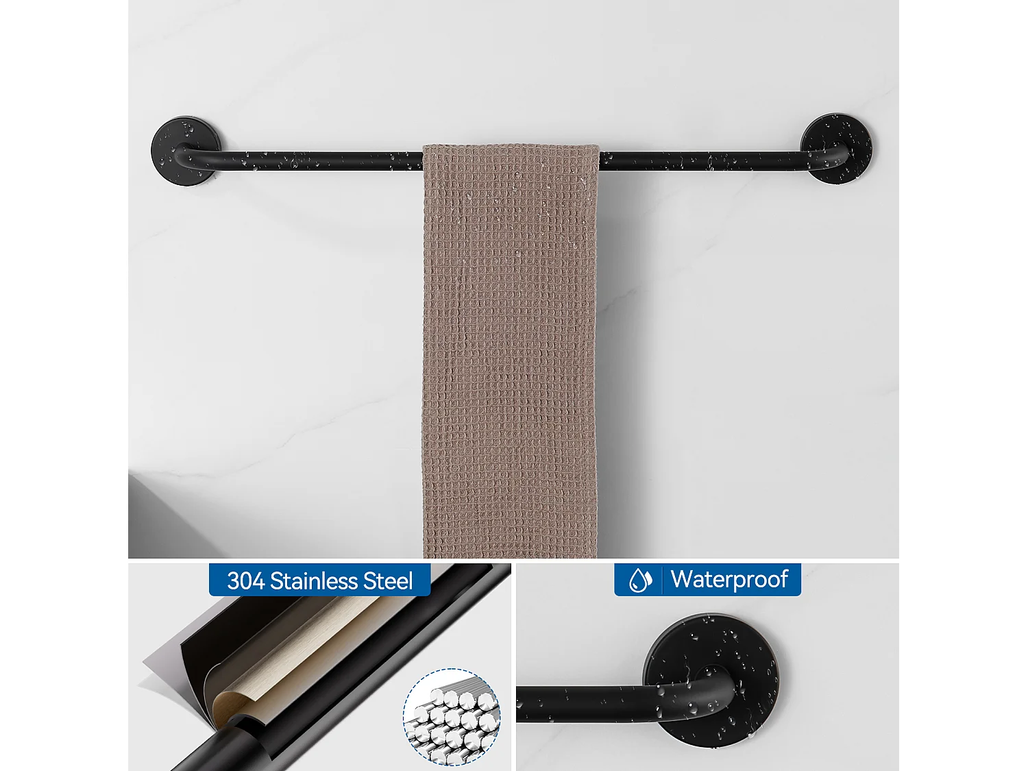 Mitigeur Lavabo Monotrou avec Trou de Tirette de Vidage,Robinet Salle Bain Noir+Ensemble Salle Bain Accessoire 6 Pièces,Auto-adhésif/percer,Inox