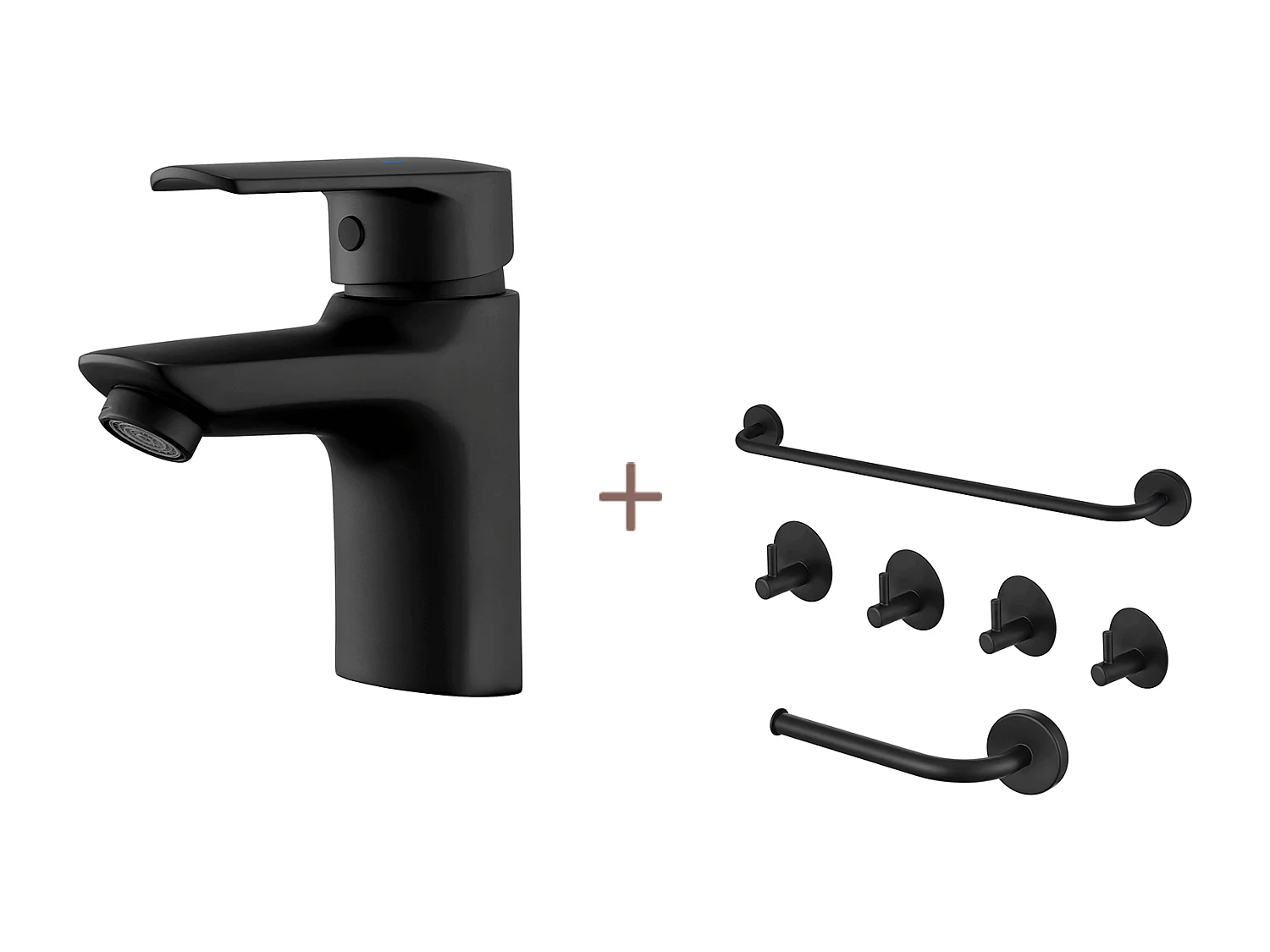 Eengats wastafelmengkraan met trekkergatAfvoer, Badkamerkraan Zwart+6-Delige Badkamerset Accessoire,Zelfklevend/boren,Rvs