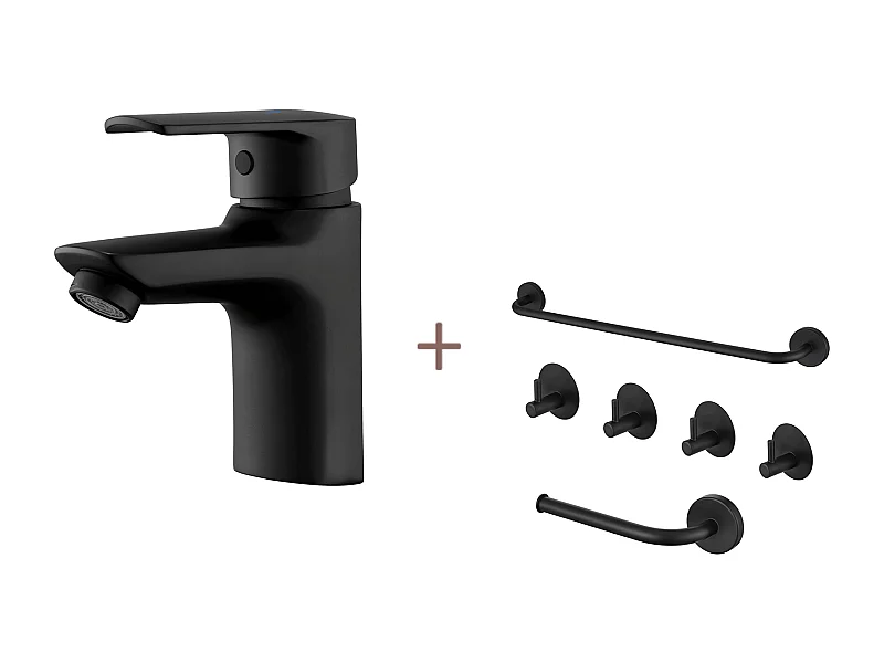 Mitigeur Lavabo Monotrou avec Trou de Tirette de Vidage,Robinet Salle Bain Noir+Ensemble Salle Bain Accessoire 6 Pièces,Auto-adhésif/percer,Inox