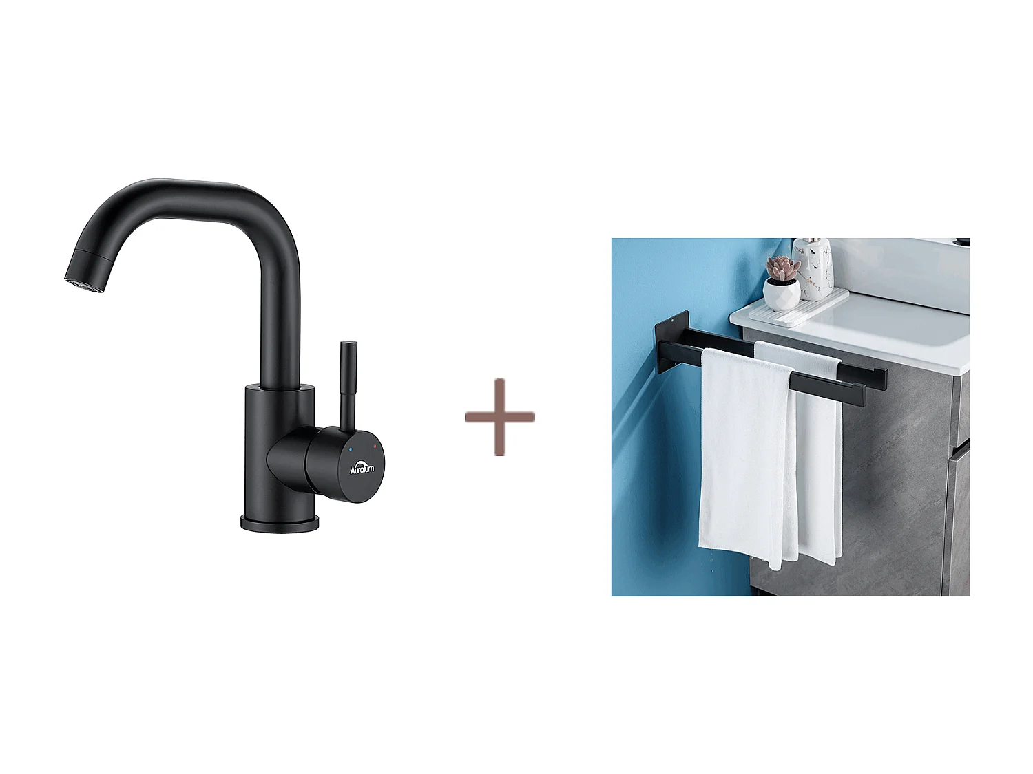 Auralum max Grifo Lavabo Negro con Taladro Demotable+Toallero Baño Adhesivo/Perforación,BarrasToallero, De Acero Inoxidable, Negro, 40 CM