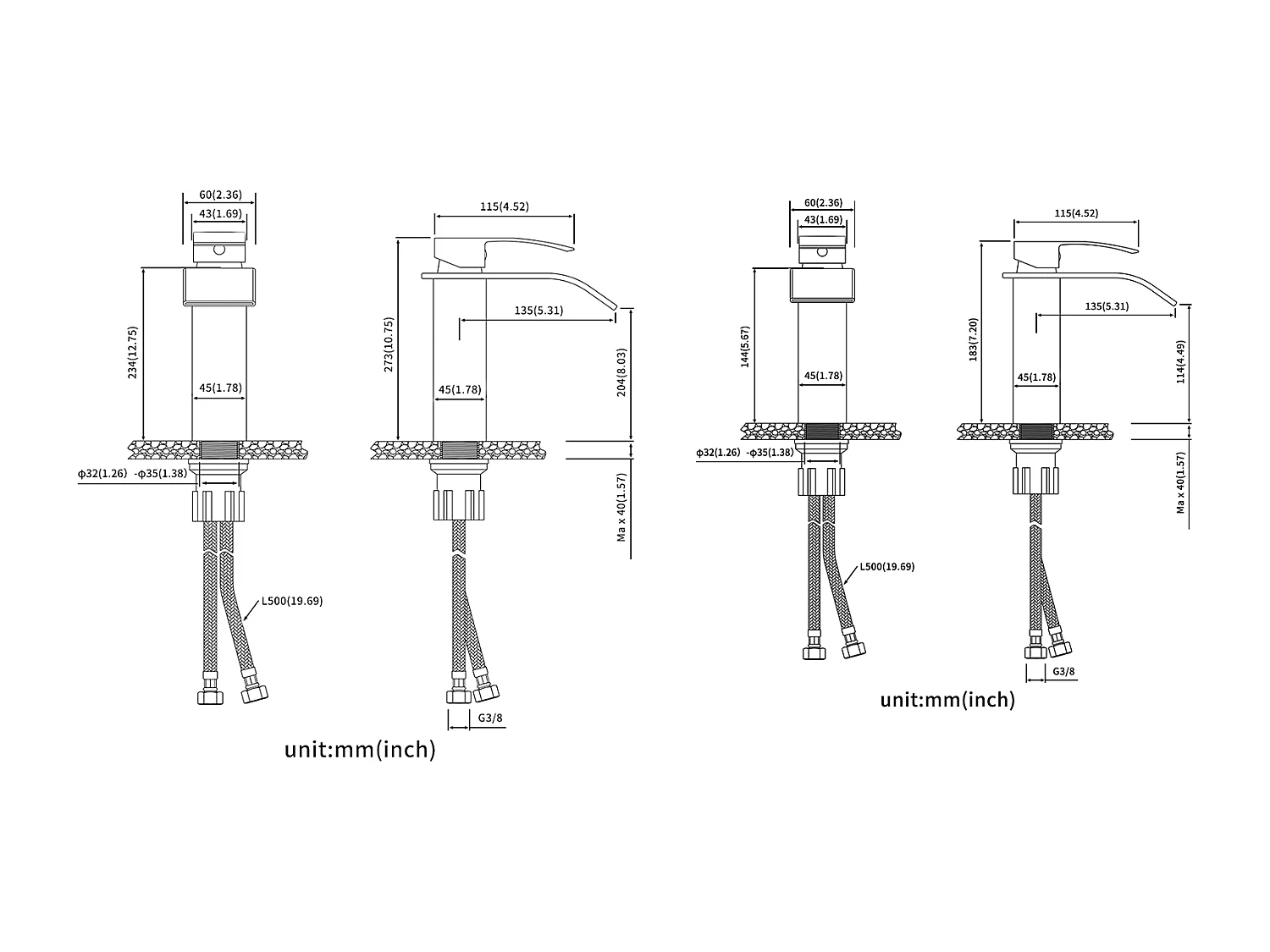Rubinetto per lavabo a cascata di altezza totale 183mm + Miscelatore a cascata Bagno di altezza totale273mm, Rubinetteria a posa