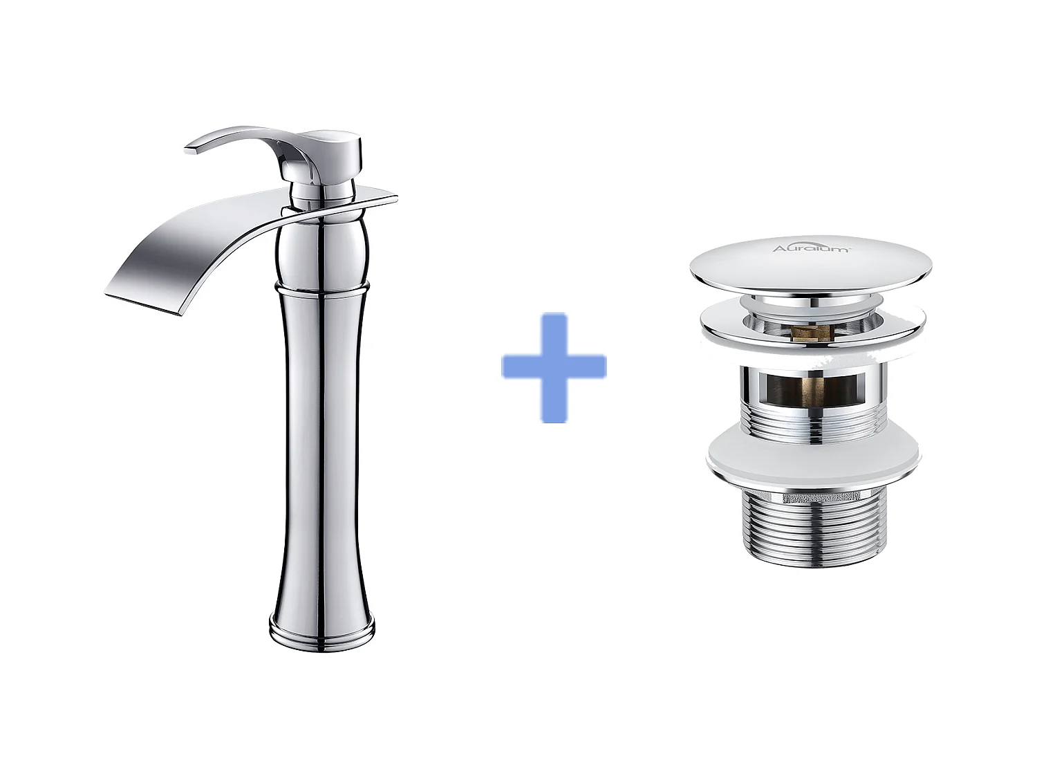 Mitigeur Lavabo Cascade Robinet Lavabo/Vasque Haute Bec Moocommand,Chromé+Bonde Lavabo Bonde Pop-up avec Trop-plein Automatique Universelle