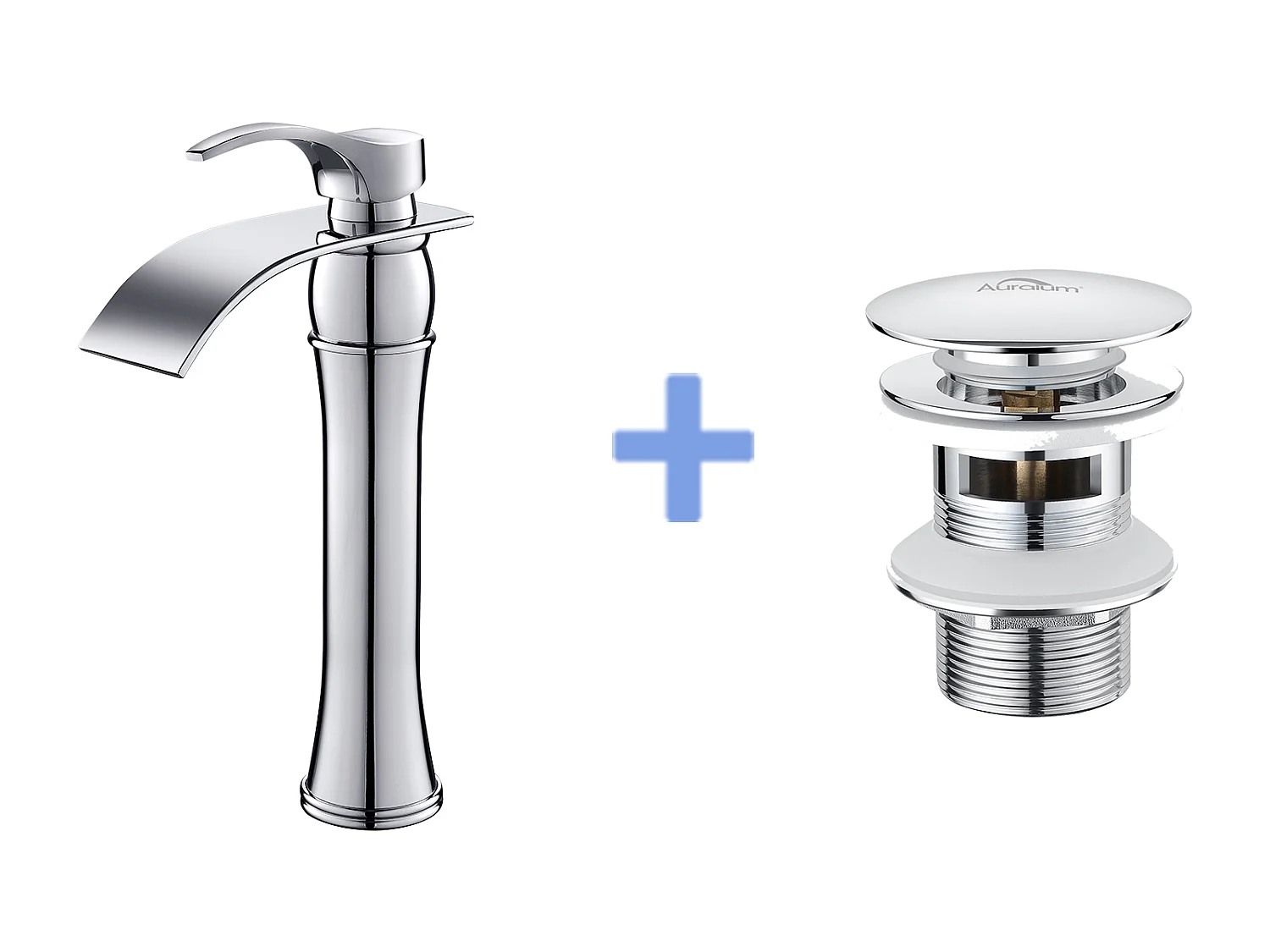 Mezclador Lavabo Cascada Grifo Lavabo/Lavabo Alto Boque Moocommand,Cromado+Bonde Lavabo Bonde Pop-up con Desbordamiento Automático Universal