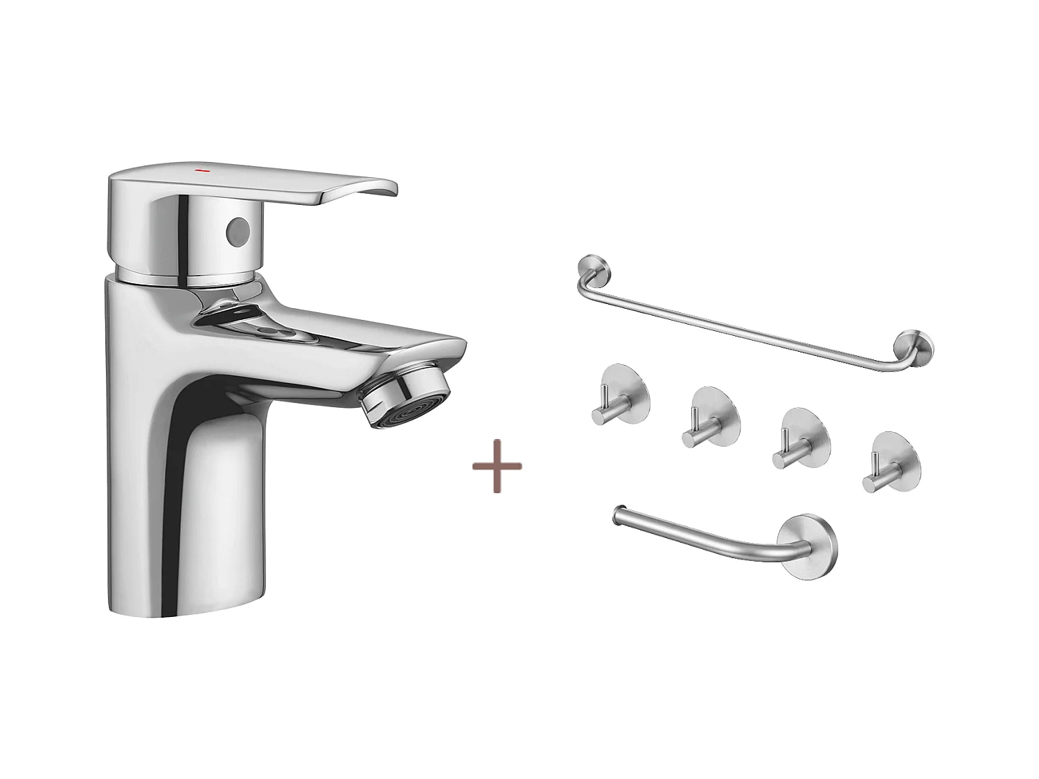 Verchroomde wastafelmengkraan met afvoergat, EAU Koud/Warm+Set Badkamer Accessoire 6 Stuks,Zelfklevend/Boren,Rvs,Geborsteld
