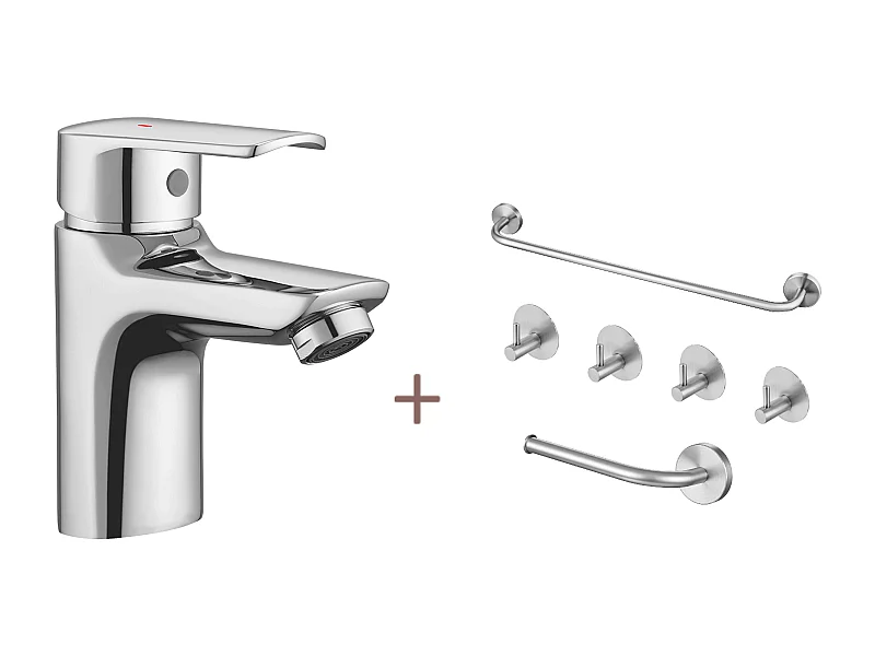 Verchroomde wastafelmengkraan met afvoergat, EAU Koud/Warm+Set Badkamer Accessoire 6 Stuks,Zelfklevend/Boren,Rvs,Geborsteld