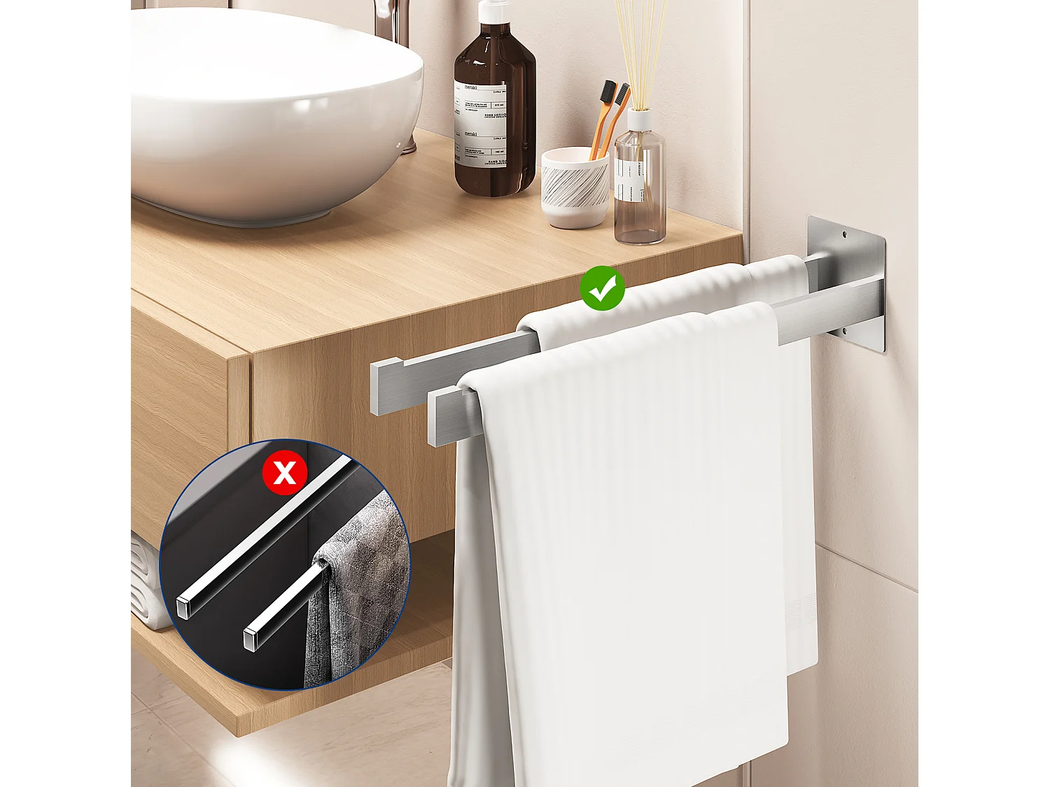 Auralum max Mezclador de Lavabo, Grifo Giratorio 360°, con Aireador Extraíble, Cromo + Toallero Adhesivo/Perforador, Cepillado