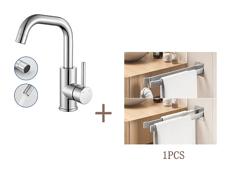 Auralum max Mitigeur Lavabo,Robinet LavaboPivotant 360°,avec Aérateur Démotable,Chromé+Porte Serviette Salle Bain Adhésif/Perçage,Brossé