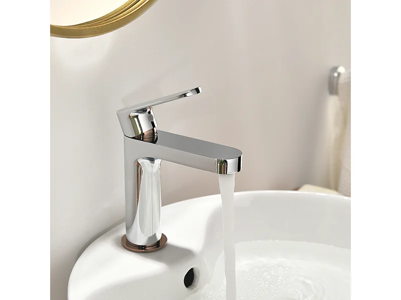 Moderner Badezimmerhahn, AuraLum Max Einhebel-Waschtischmischer mit Roségold-Finish, Messing-Waschbeckenhahn mit Ersatzsprudler, Chrom, EU-Modell