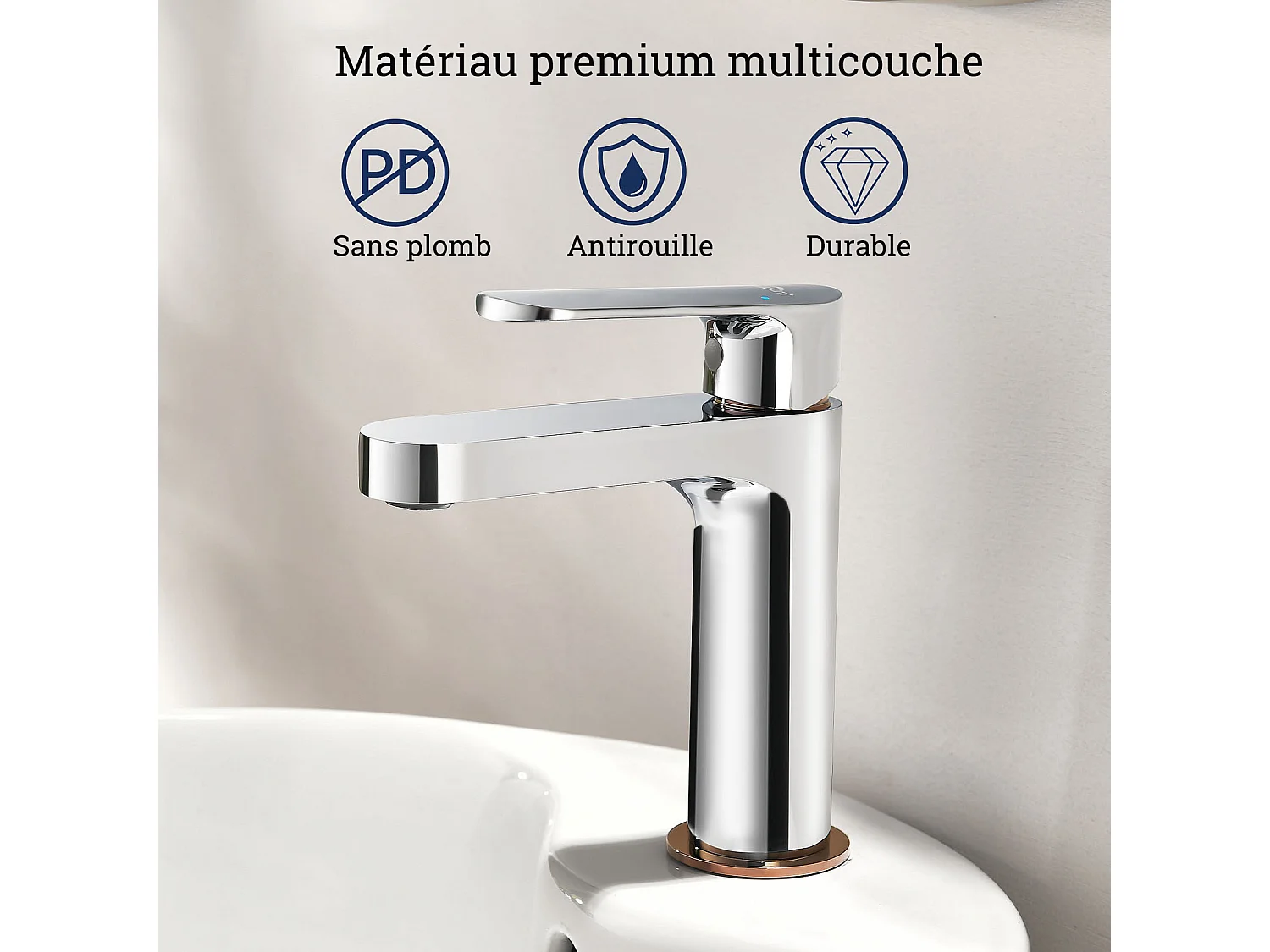 Grifo Baño Moderno, AuraLum Max Mezclador para Lavabo con Acabado Oro Rosa, Latón Grifo Lavabo con Bullador Recambio, Cromado,Modelo UE