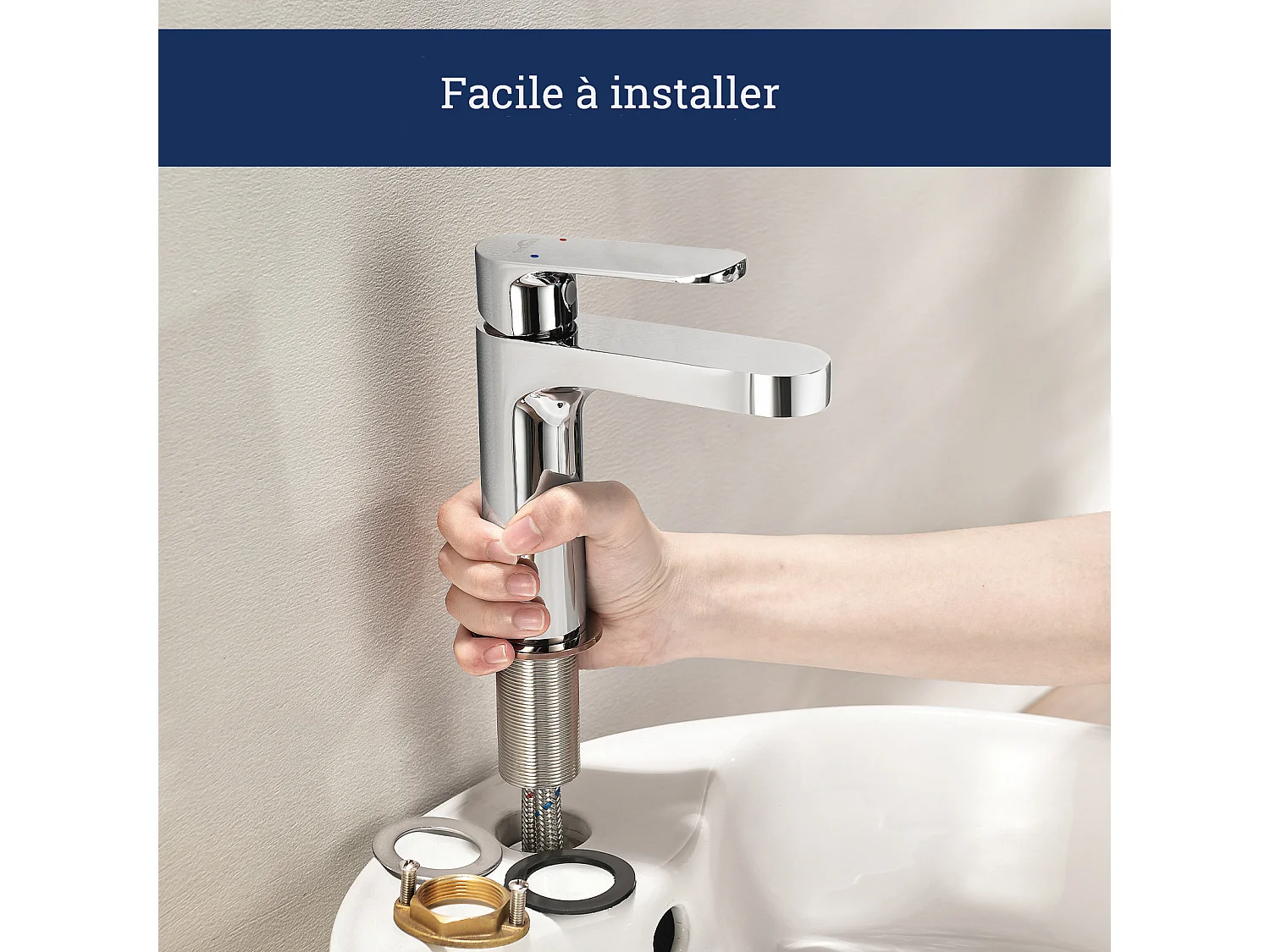 Grifo Baño Moderno, AuraLum Max Mezclador para Lavabo con Acabado Oro Rosa, Latón Grifo Lavabo con Bullador Recambio, Cromado,Modelo UE