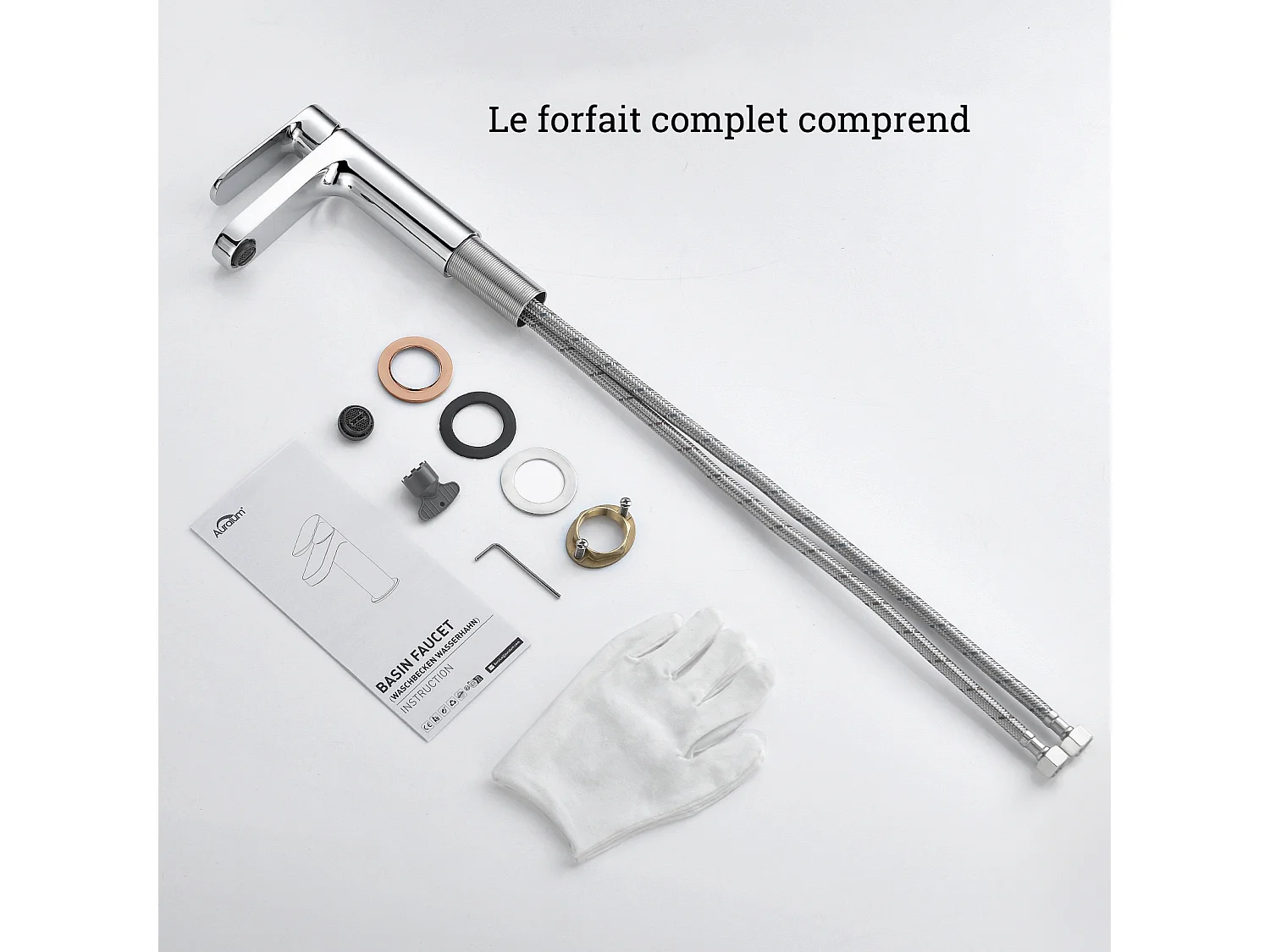 Grifo Baño Moderno, AuraLum Max Mezclador para Lavabo con Acabado Oro Rosa, Latón Grifo Lavabo con Bullador Recambio, Cromado,Modelo UE