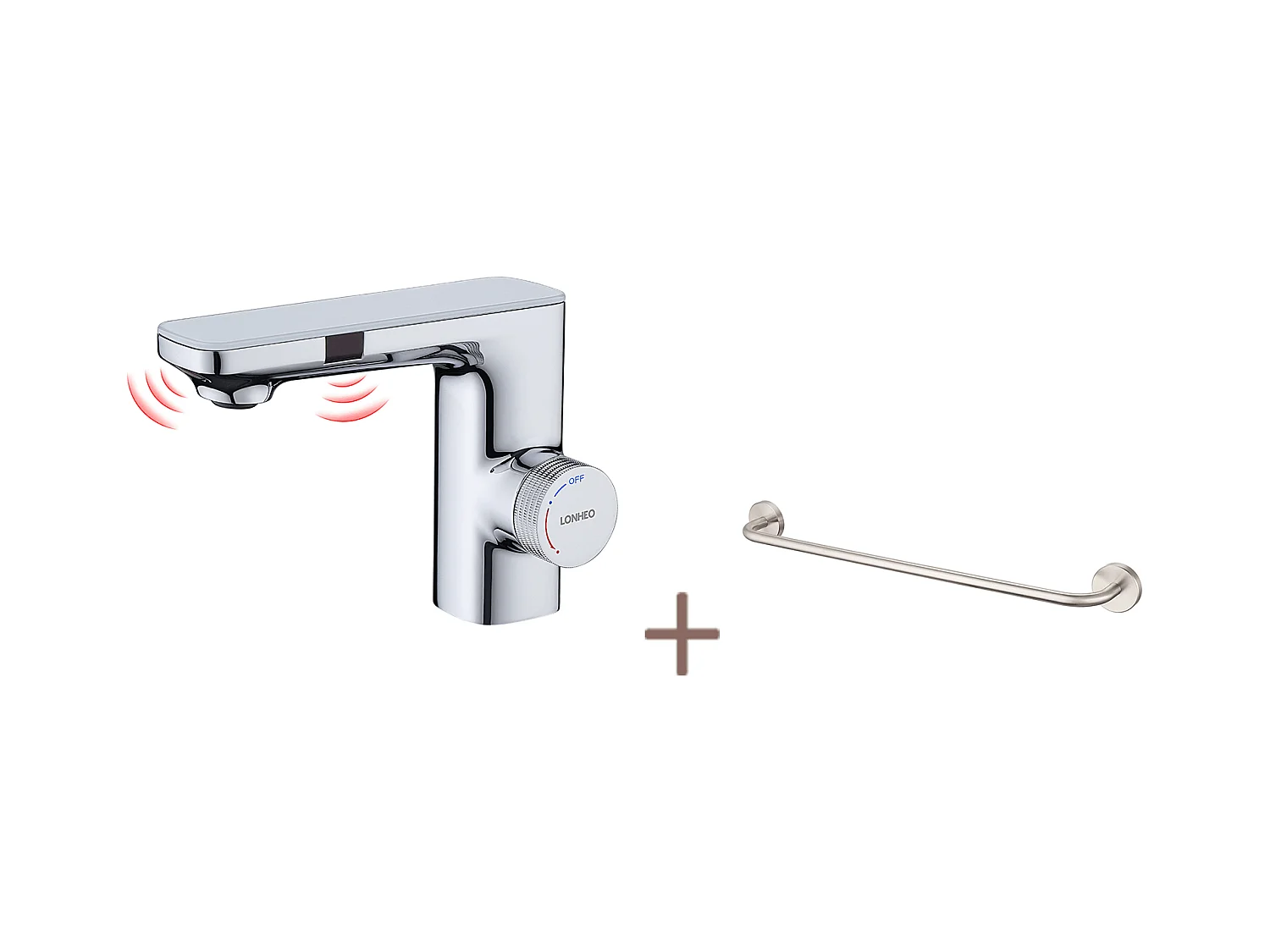 Lonheo max Infrarood Automatische Kraan, Demonteerbare Romper, Dubbele Inductie, Verchroomd + 60cm Handdoekhouder Badkamer Zelfklevend of Boren