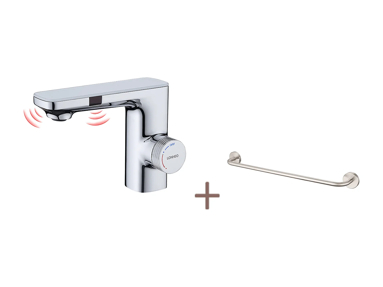 Lonheo max Robinet Automatique Infrarouge,Barboteur démotable,à Double Induction,Chromé+60cm Porte-Serviettes Salle Bain Auto-adhésif ou Perçage