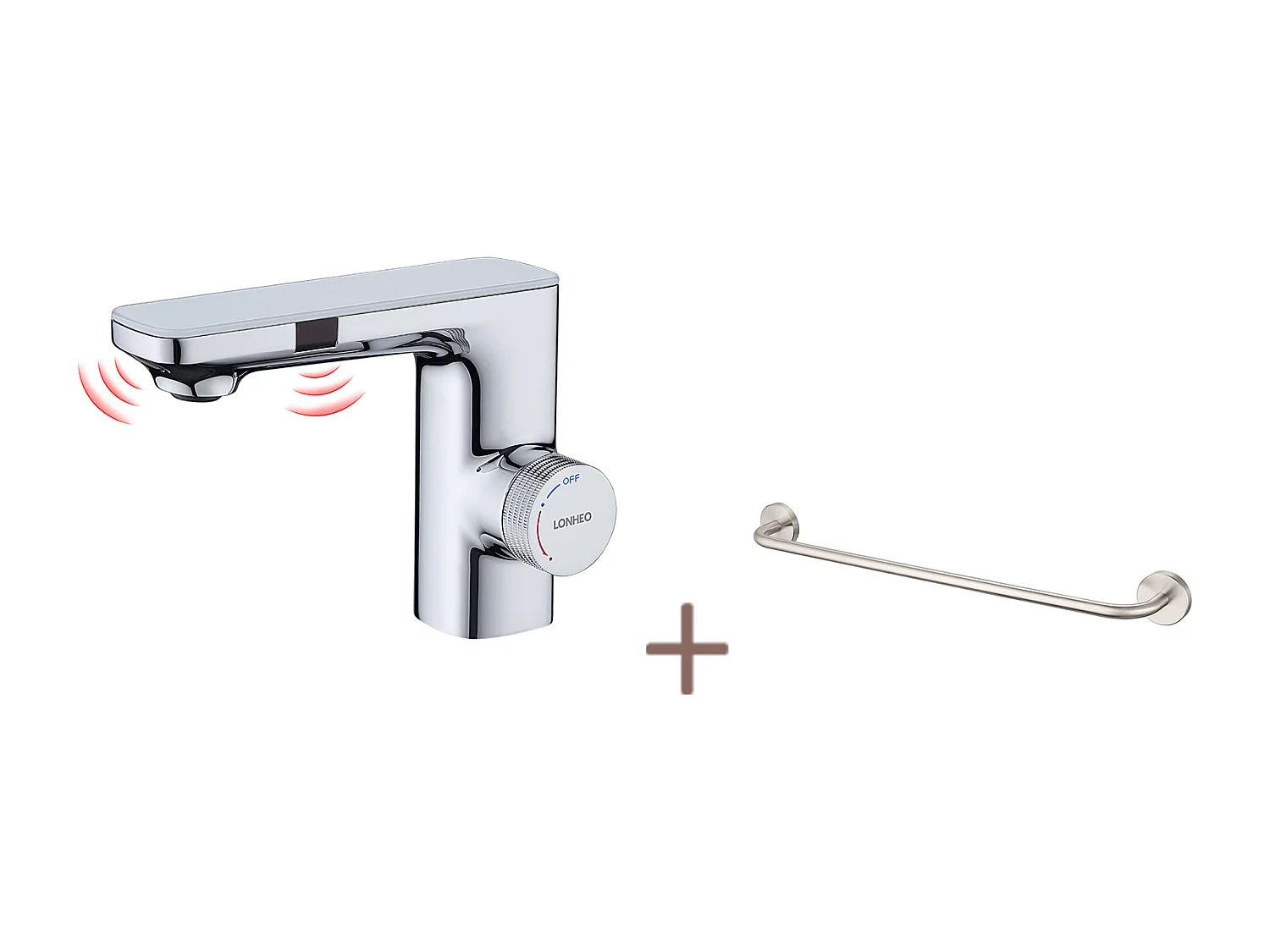 Lonheo max Robinet Automatique Infrarouge,Barboteur démotable,à Double Induction,Chromé+60cm Porte-Serviettes Salle Bain Auto-adhésif ou Perçage