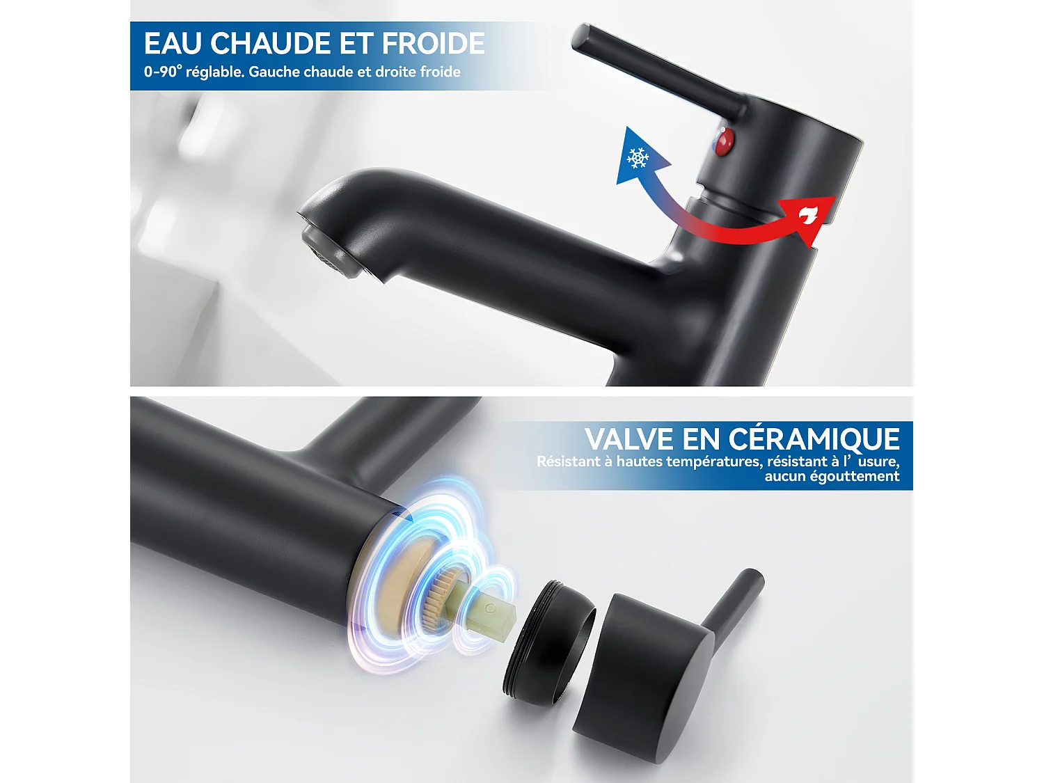 Robinet lavabo,Mitigeur Lavabo Mélangeur Salle Bain Eau Froide/Chaude+Bonde Lavabo Bonde Pop-up avec Trop-plein Automatique Universelle,Noir