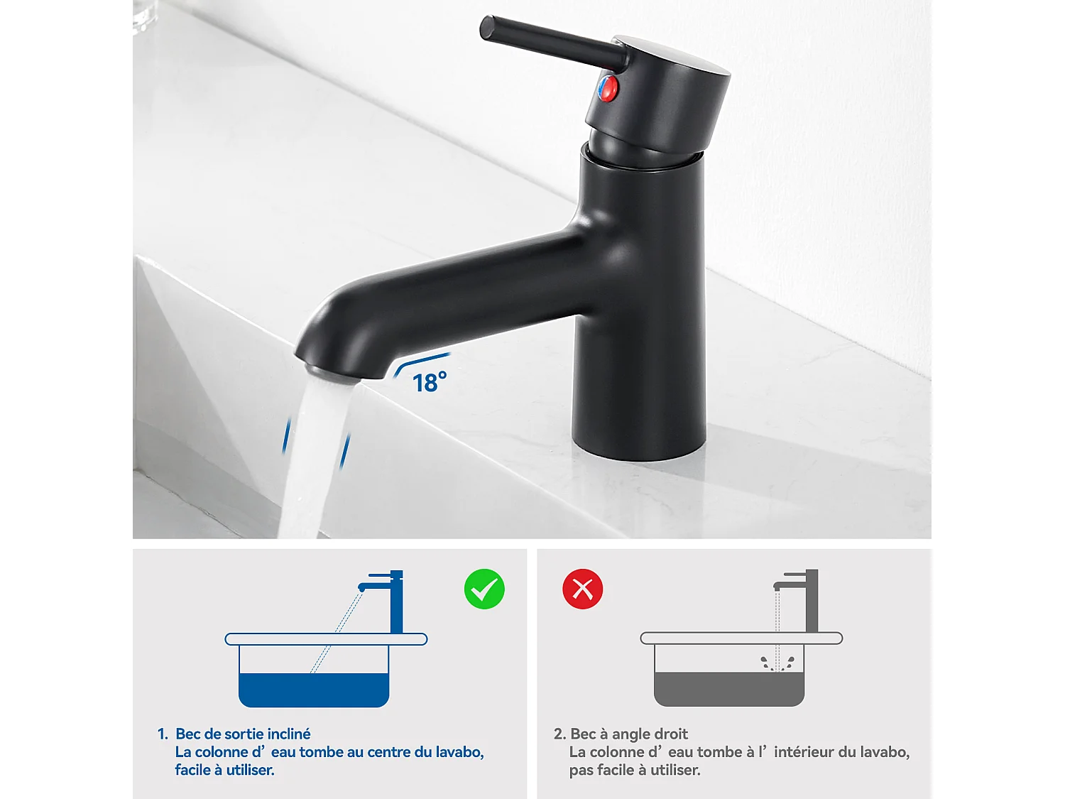 Robinet lavabo,Mitigeur Lavabo Mélangeur Salle Bain Eau Froide/Chaude+Bonde Lavabo Bonde Pop-up avec Trop-plein Automatique Universelle,Noir